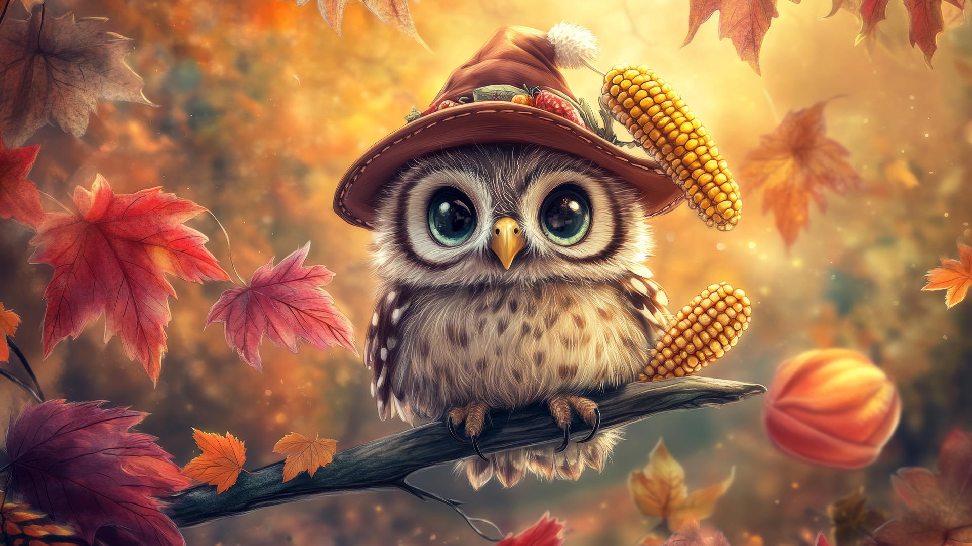 Wallpaper cute thanksgiving backgrounds with a fluffy baby owl in a pilgrim hat holding a corn cob