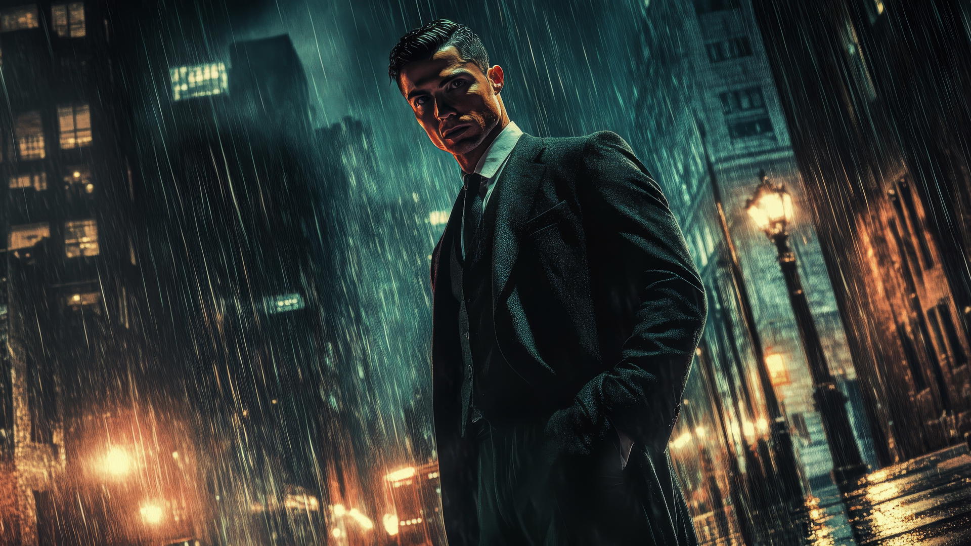 Cristiano Ronaldo 4k wallpaper with a dark city skyline, suit, streetlights, reflections