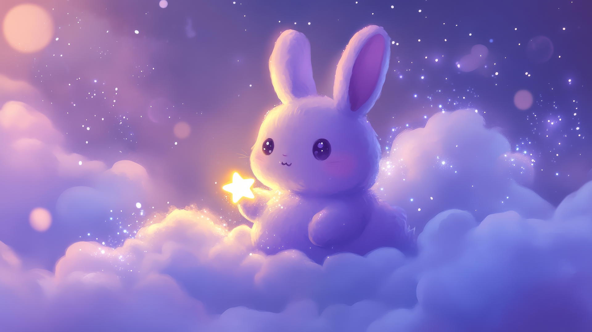 A kawaii purple bunny holding a tiny star on a lavender cloud with sparkles, cute purple wallpaper