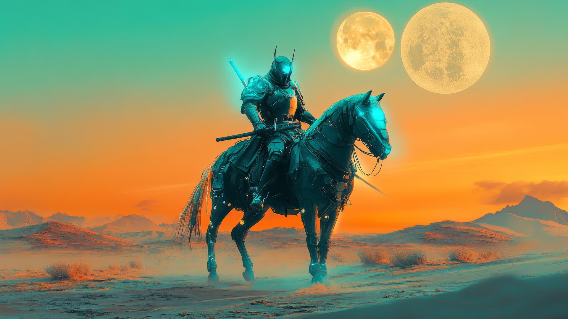Futuristic samurai in glowing blue armor on a cybernetic horse in a desert with two moons.