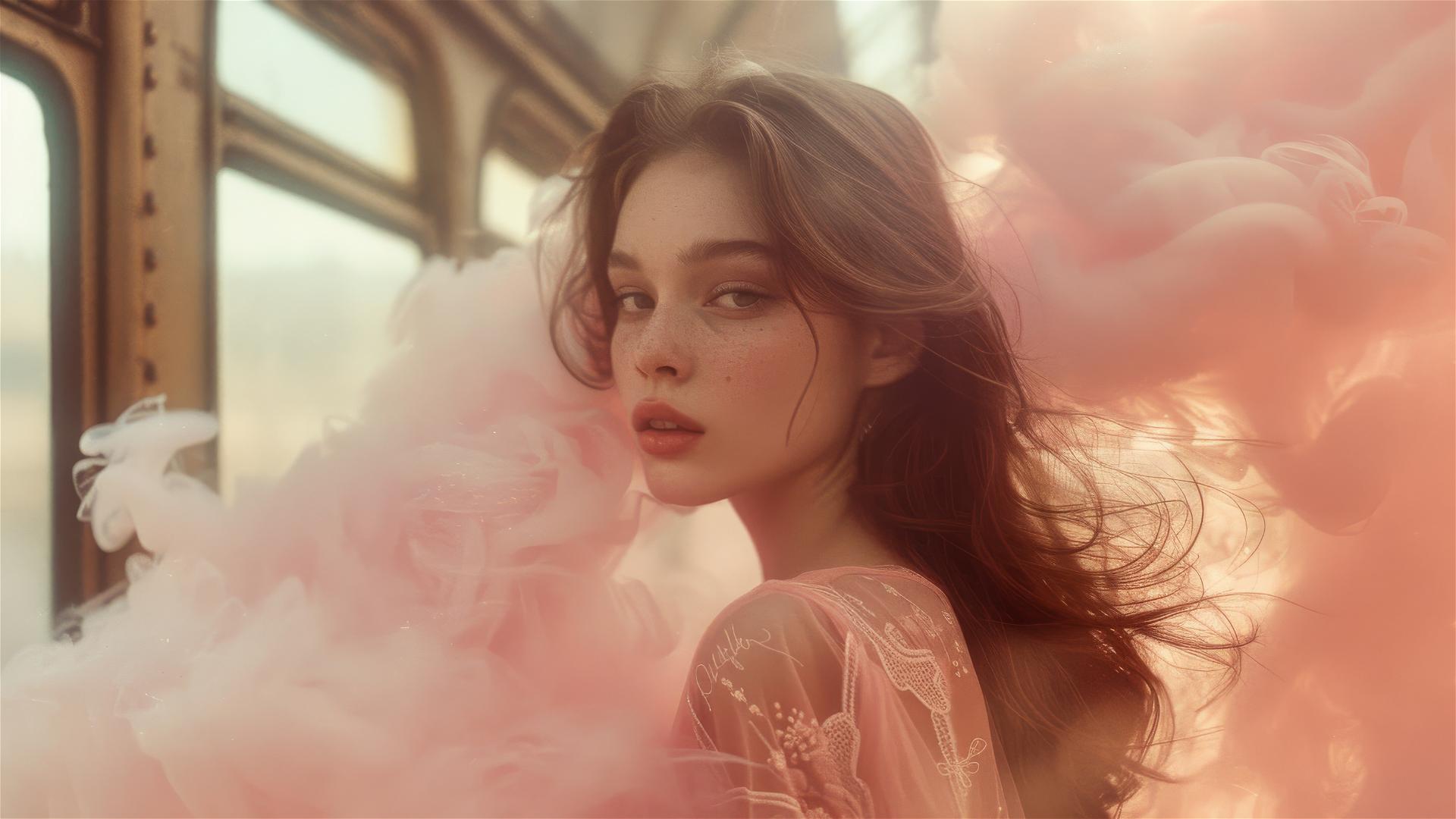 Model walking between trains with light pink smoke, brown hair, whimsical floral style