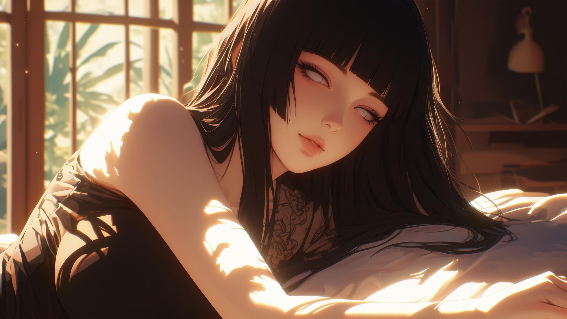 Hinata Hyuga resting in a modern hotel with warm light glow