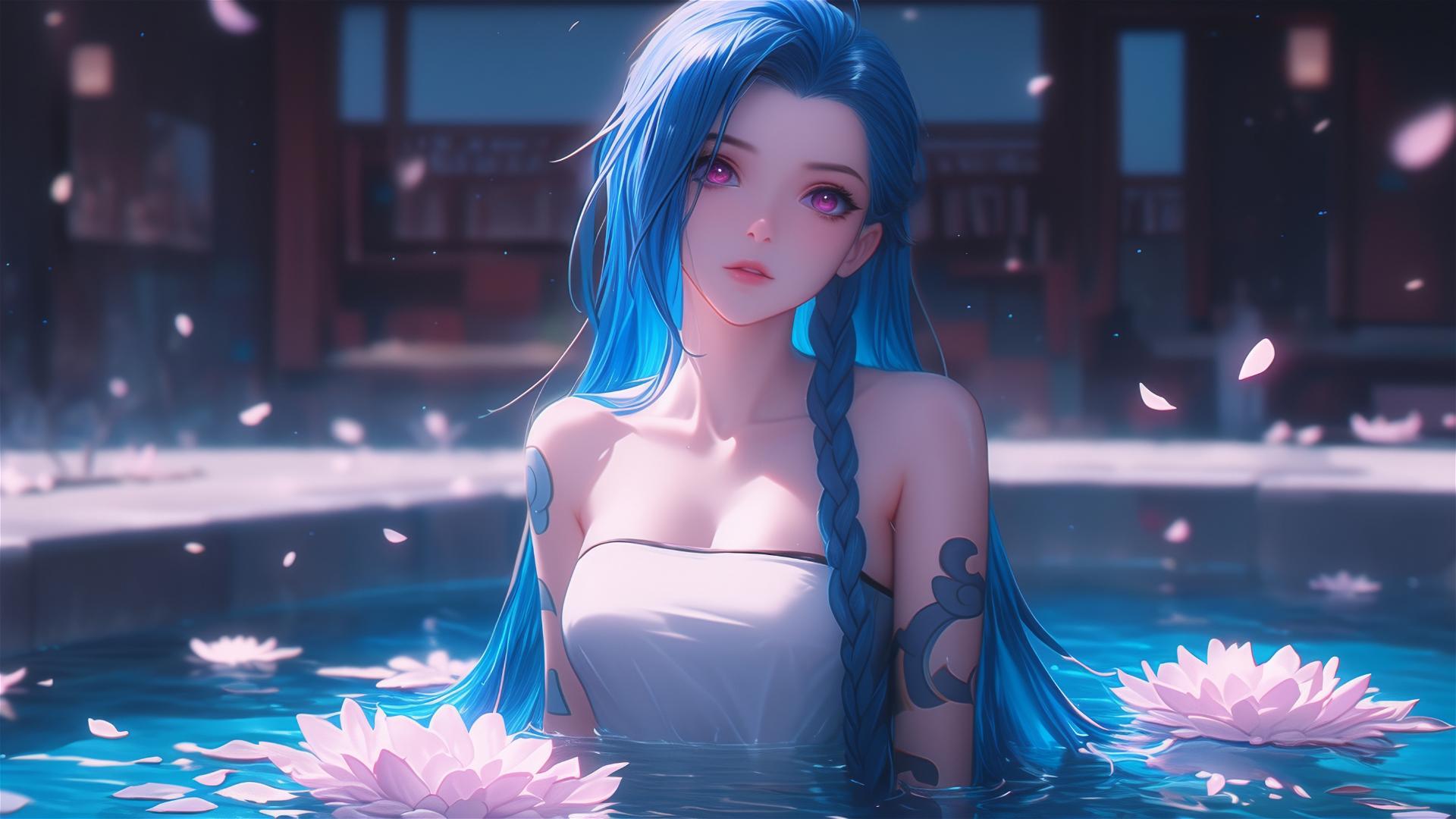 Jinx with blue hair in a flower-filled tub at a Chinese spa, pink eyes