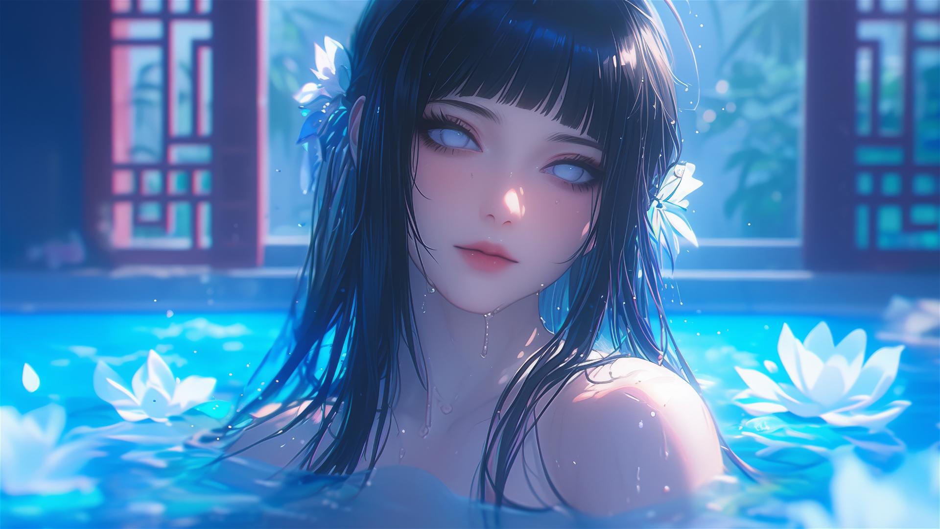 Hinata Hyuga in a tub of flowers at a Chinese spa with white eyes