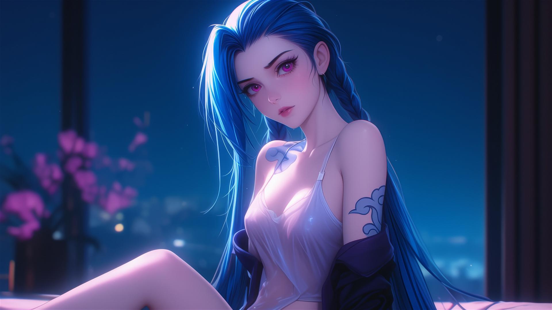 Jinx from League of Legends sitting in an apartment with moonlight, pink eyes, and blue hair