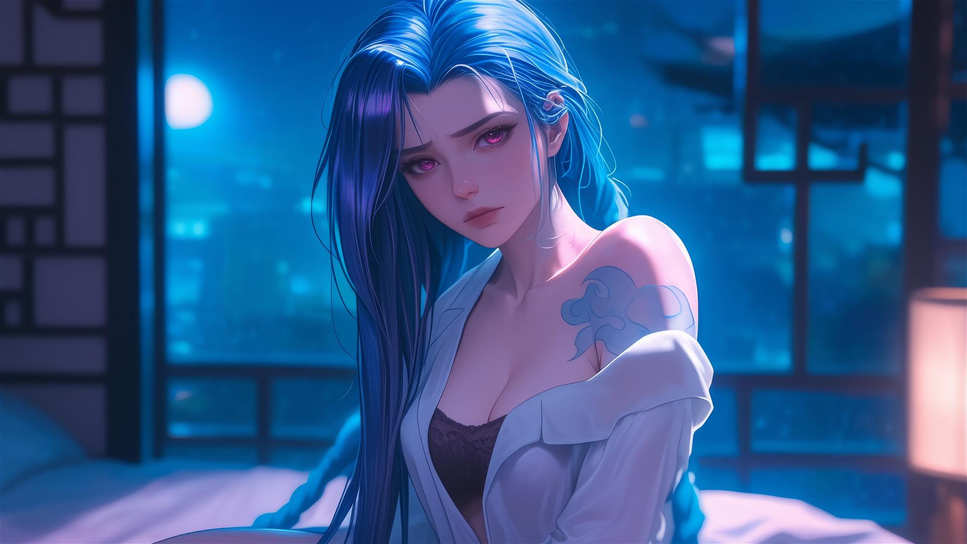 Jinx sitting in an apartment, moonlight casting soft glow, pink eyes, blue hair, silk pajamas