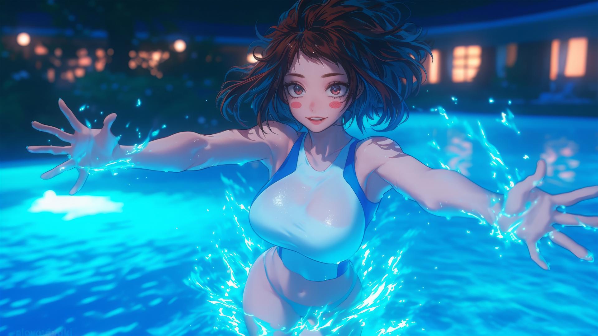 Ochaco Uraraka from My Hero Academia jumping out of a swimming pool under moonlight.