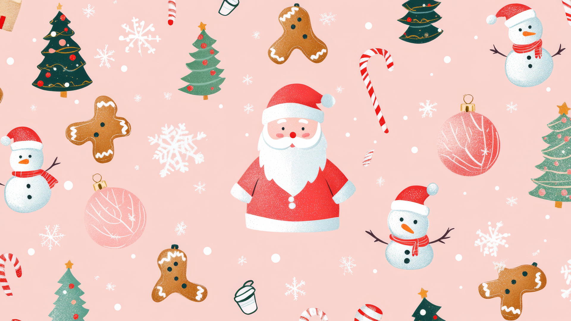 preppy wallpaper with Santa, gingerbread cookies, snowmen, and Christmas trees on pastel pink