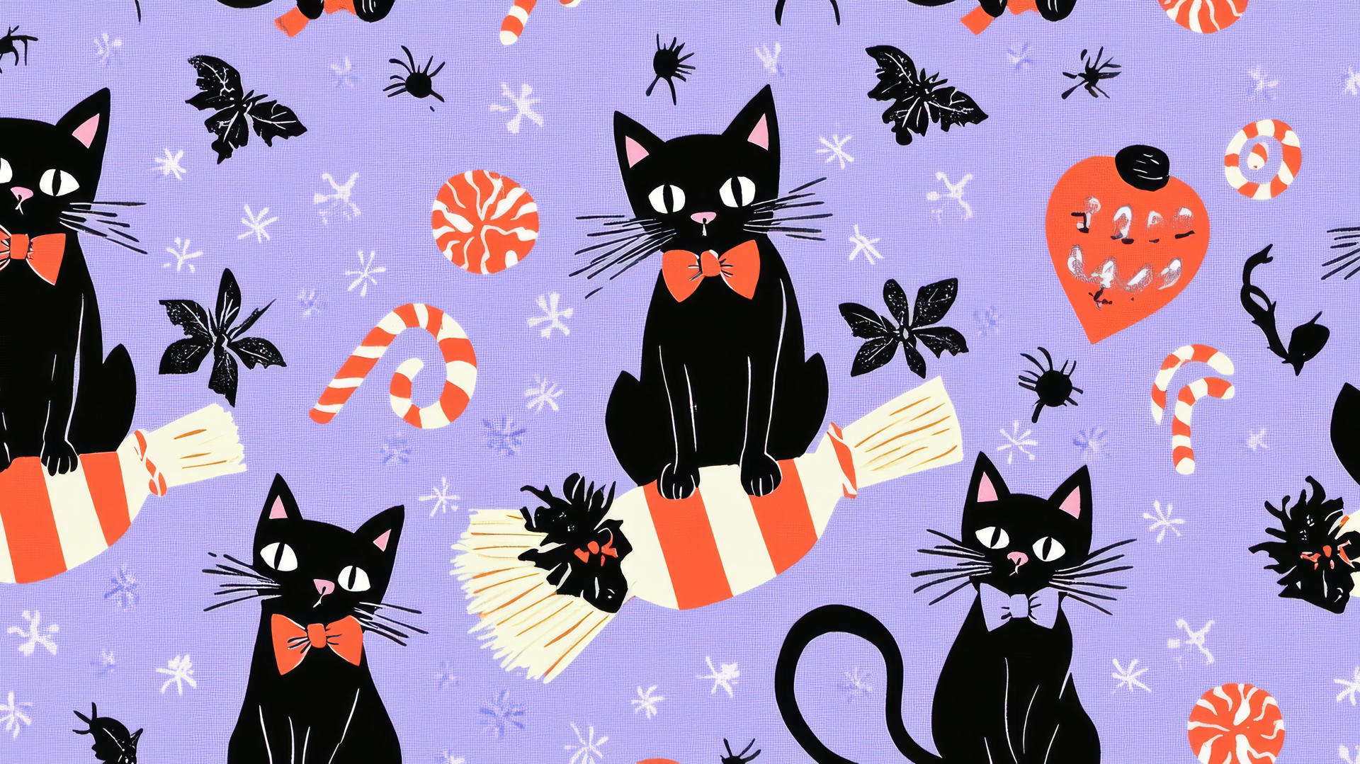 Halloween preppy wallpaper with black cats, witches, and candy canes