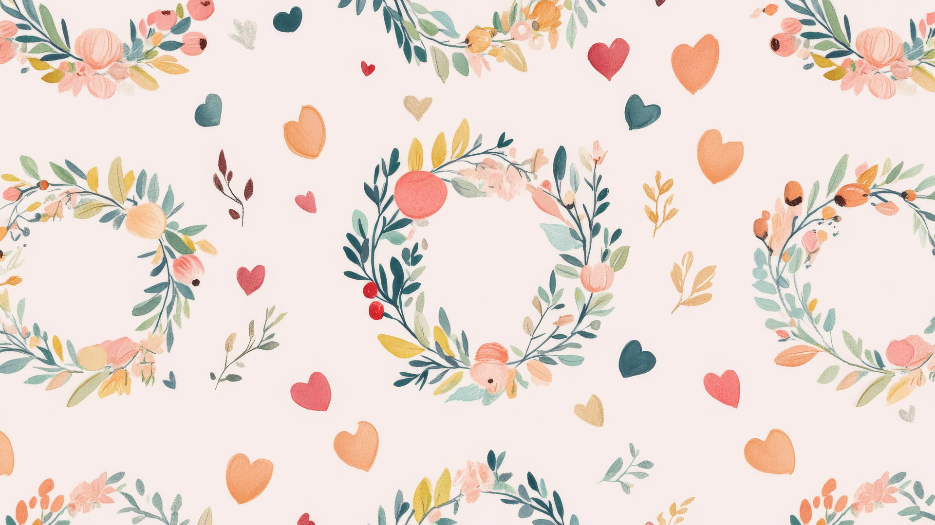 preppy autumn wallpaper with pastel-colored wreaths of leaves, berries, and flowers on light pink background