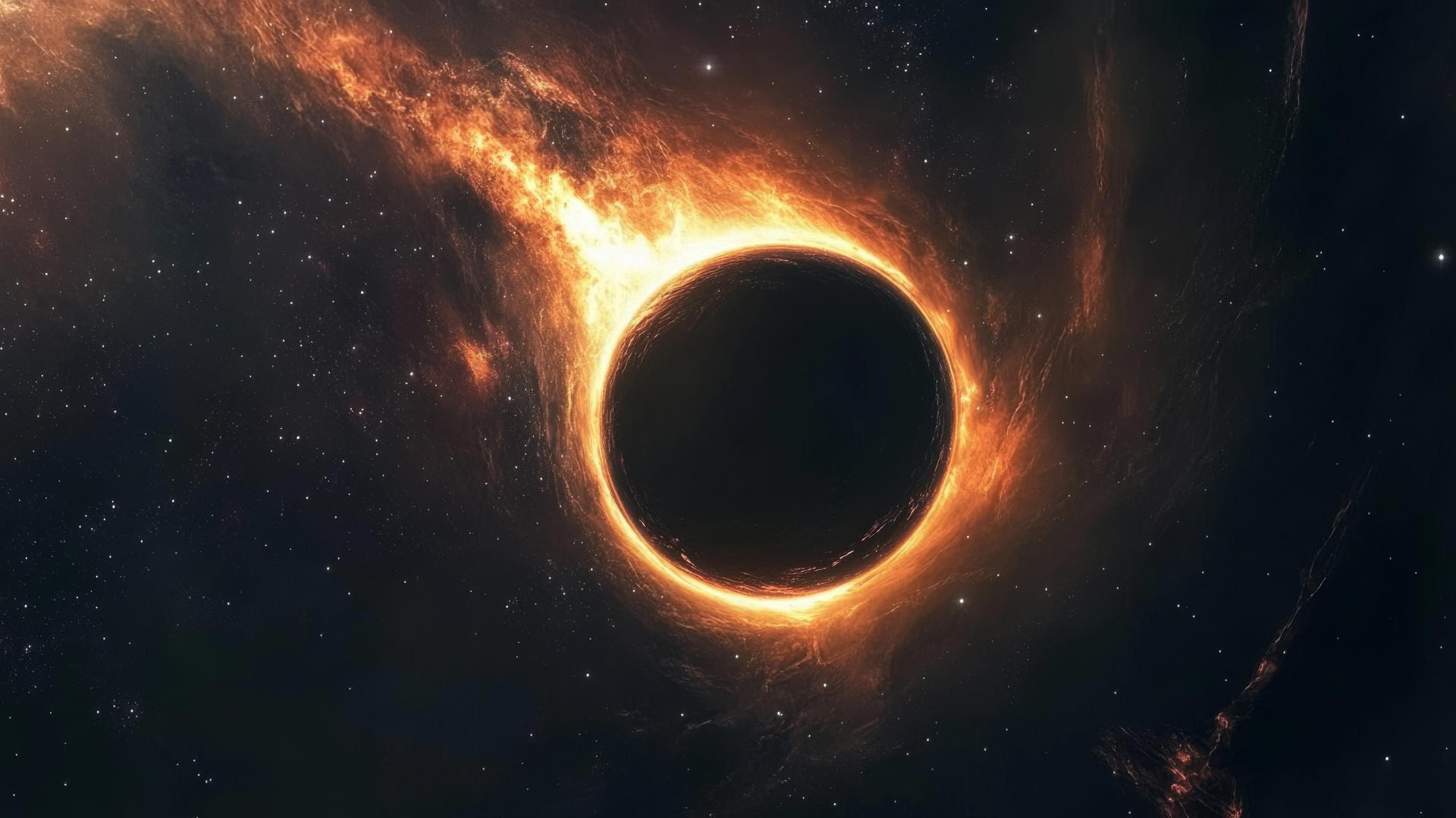 black hole wallpaper absorbing light, surrounded by calm space and glowing galaxies