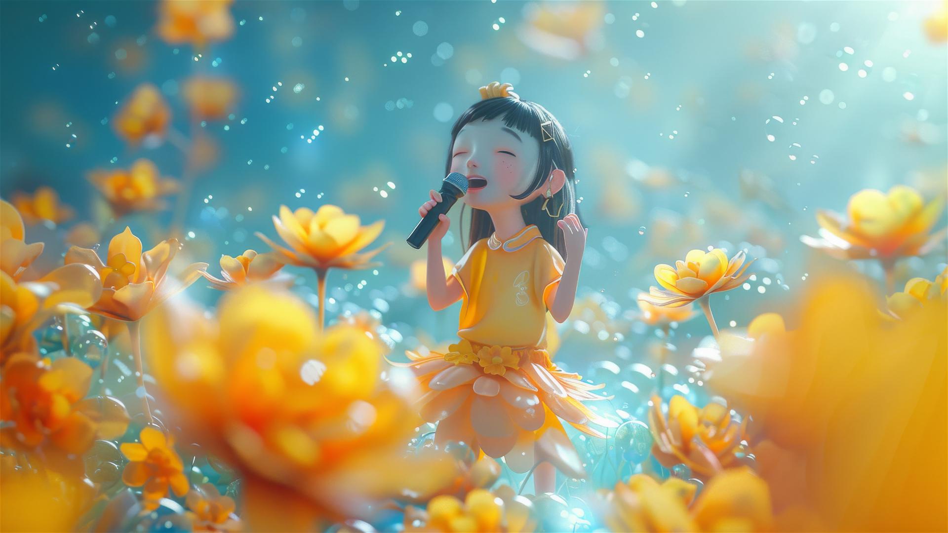 3D cartoon girl singing on a flower with vibrant fashion and colors.