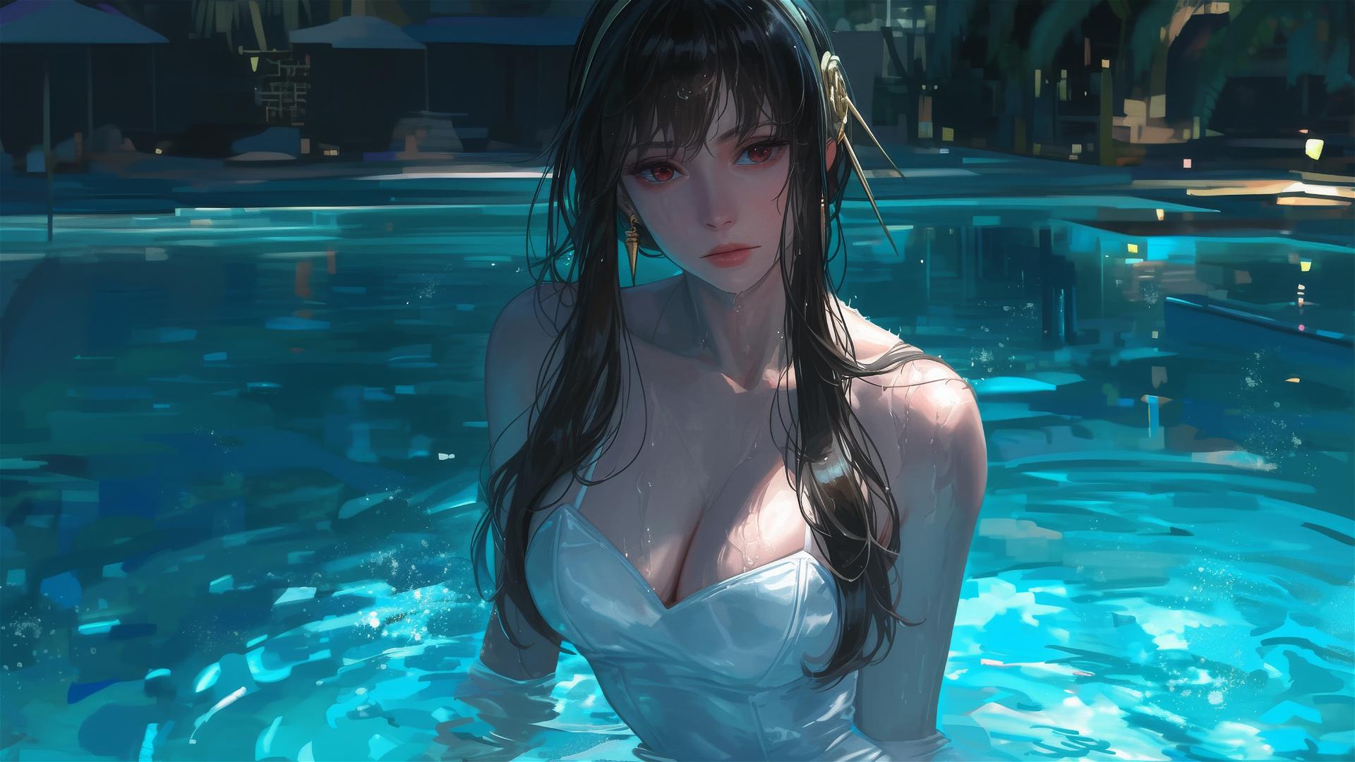 Yor Forger in bunny girl outfit, standing in pool with moonlight, on a rainy day