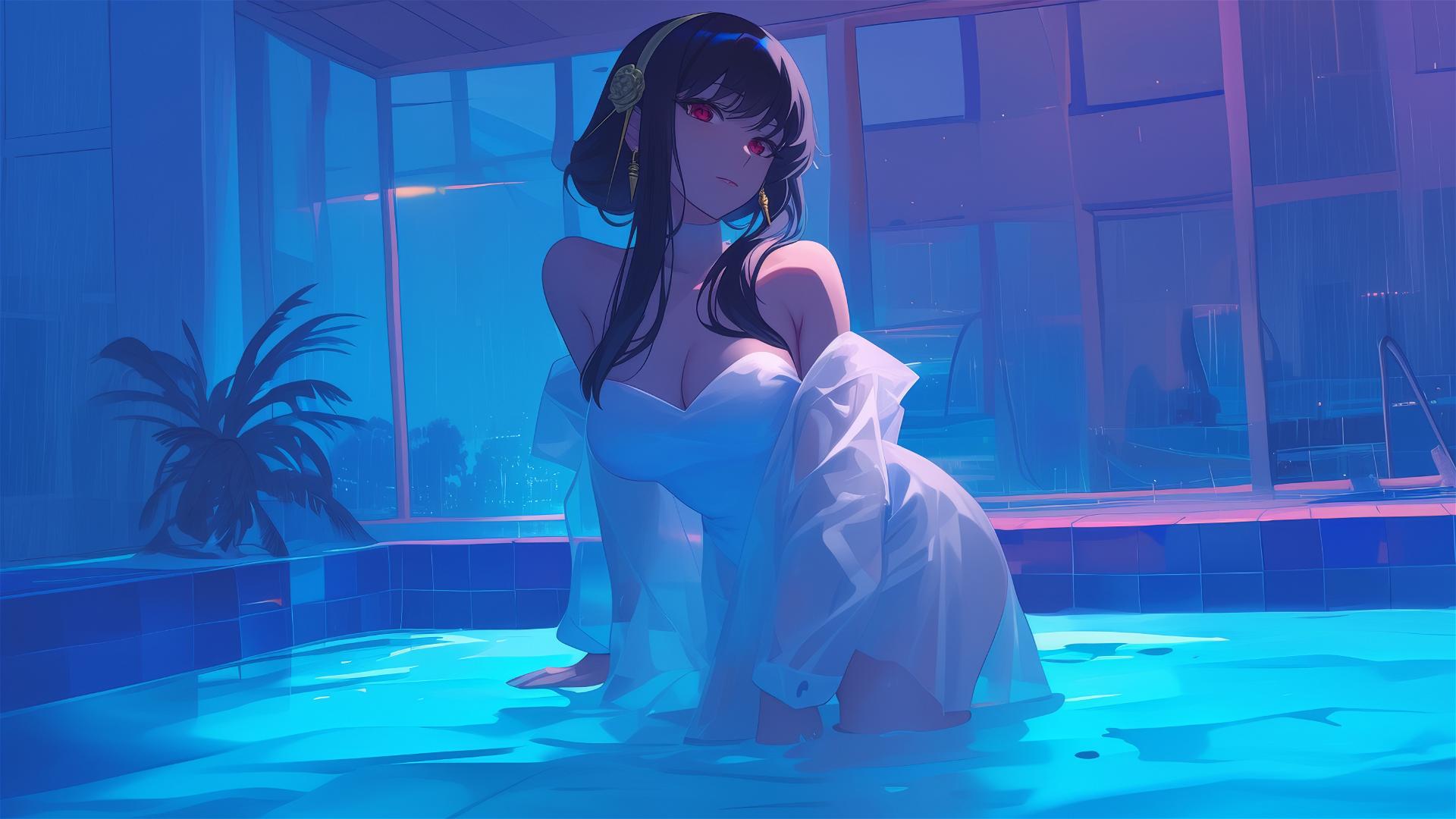 Yor Forger from Spy x Family, standing in a pool, moonlight on her, bunny girl style, rainy day, in white