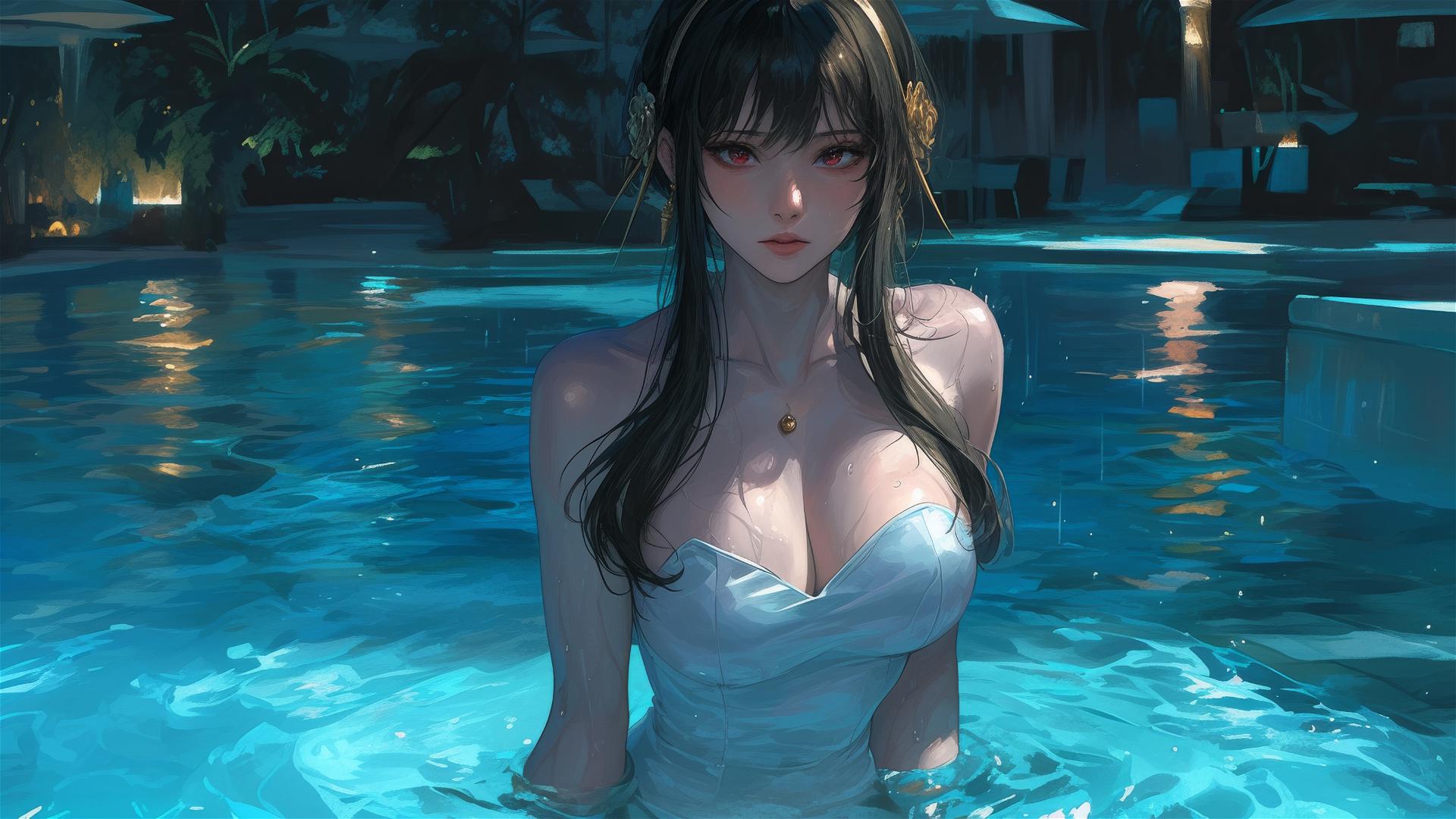 Yor Forger in bunny girl style standing in pool with moonlight glow