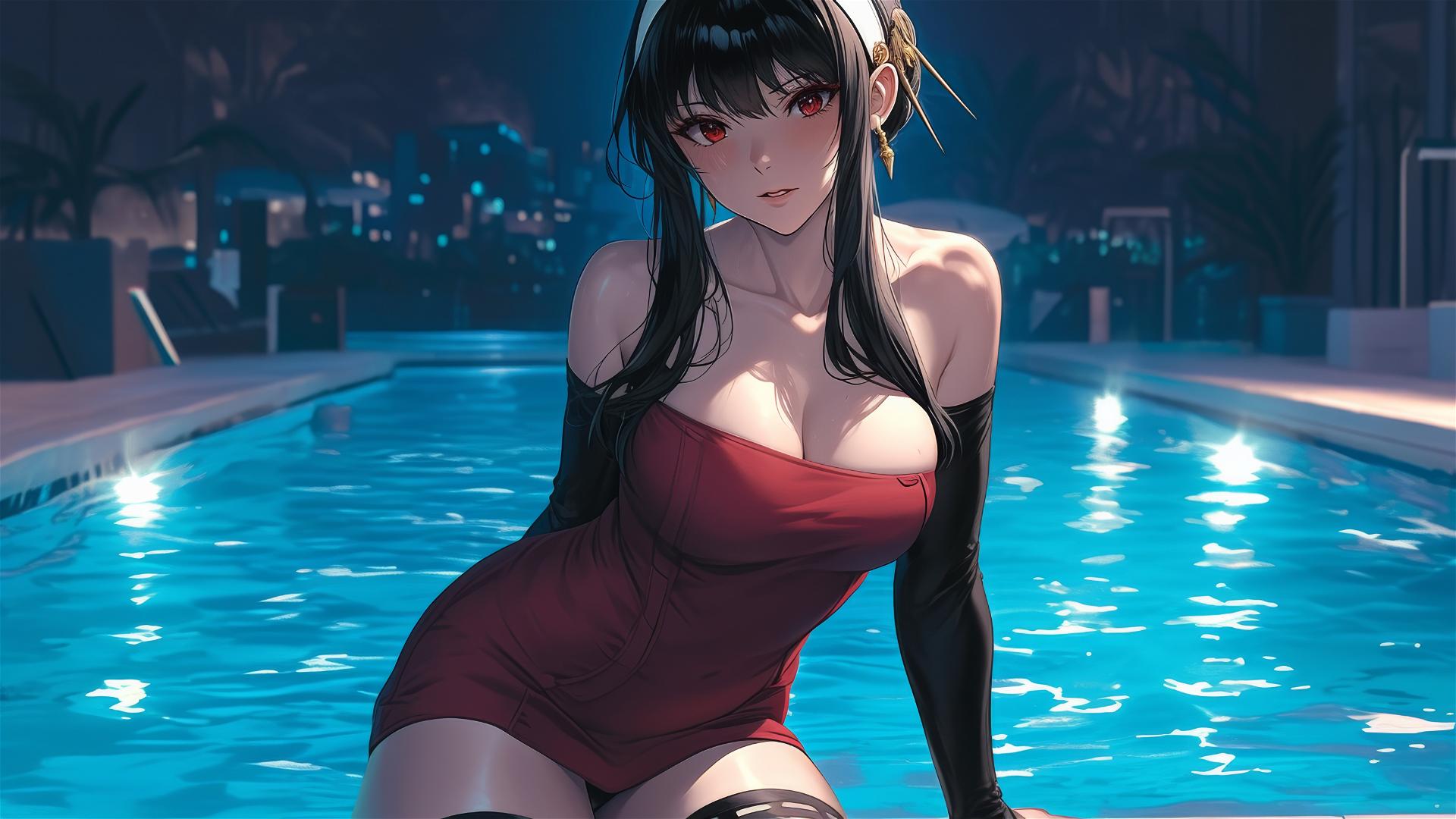 Yor Forger as a bunny girl in pool under moonlight