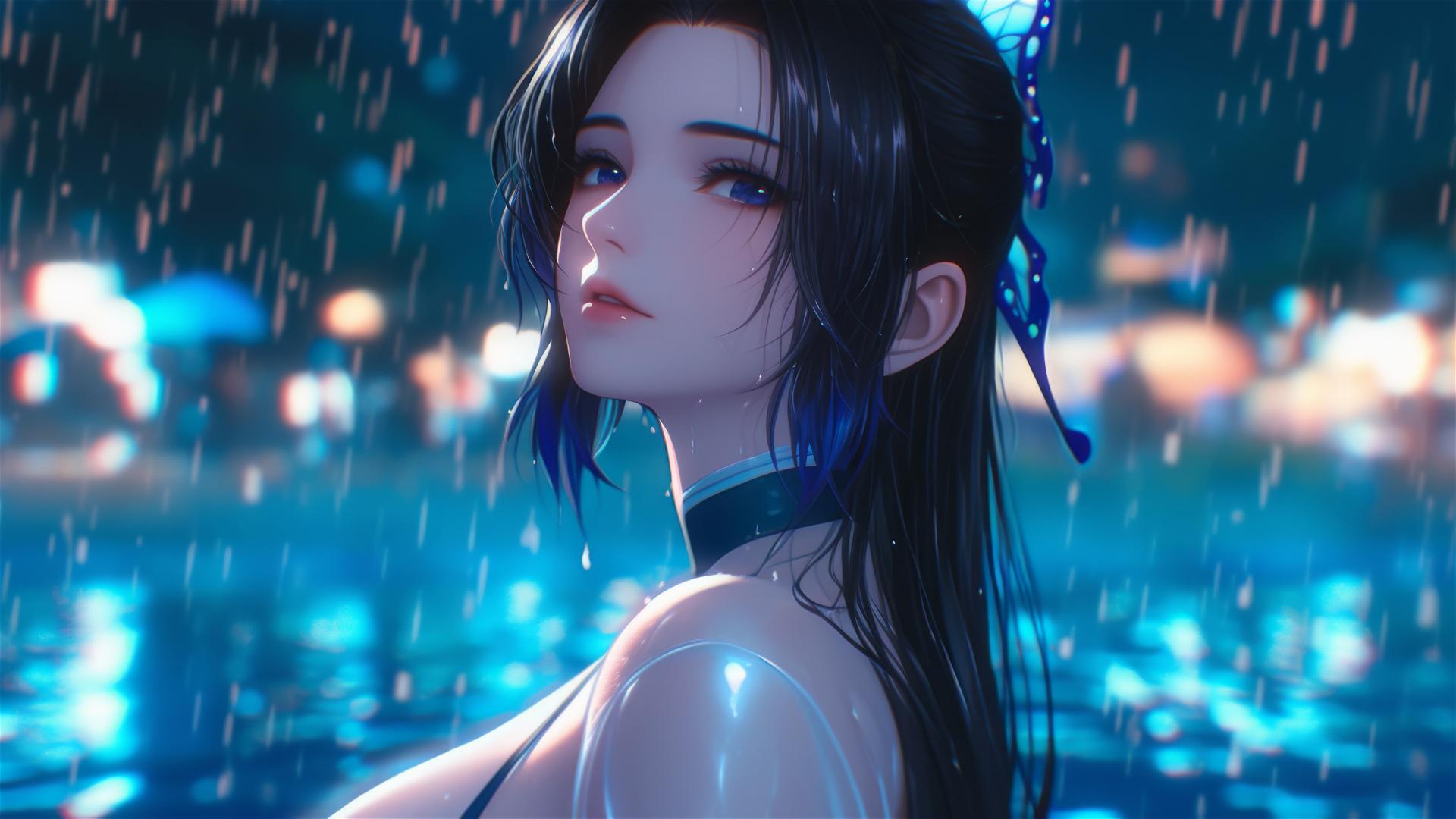 Shinobu Kocho standing in a pool under moonlight with rain