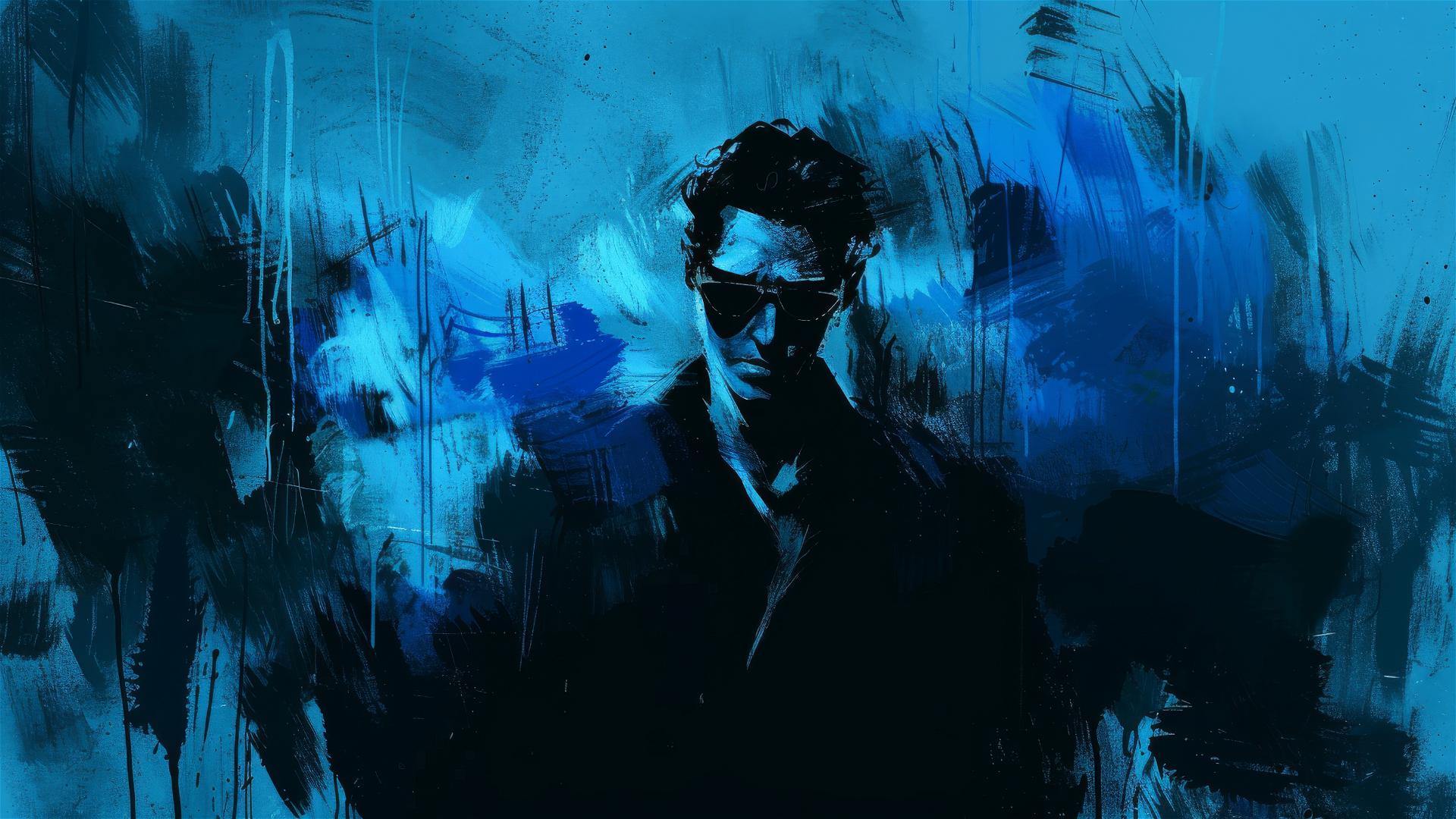 Sharp character in sunglasses amid chaotic blue-black brushstrokes