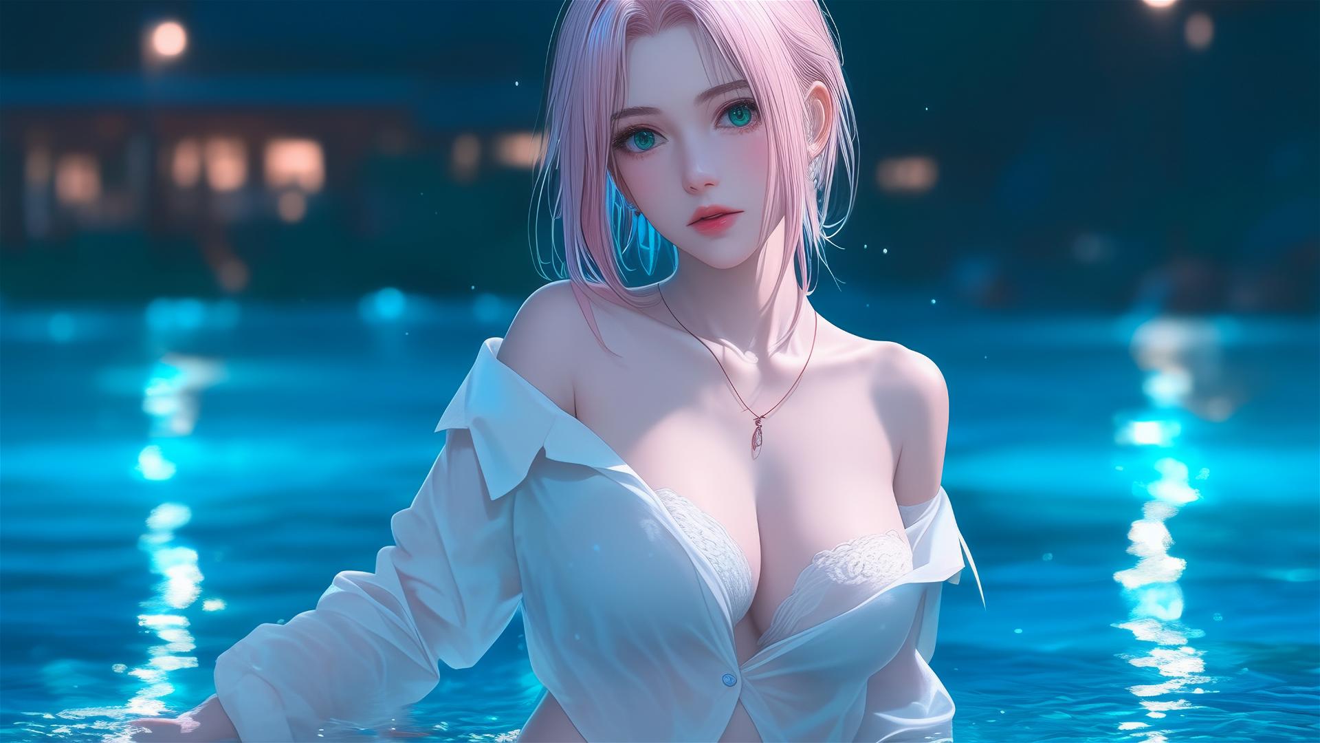Sakura Haruno in white shirt resting by pool in moonlit rain