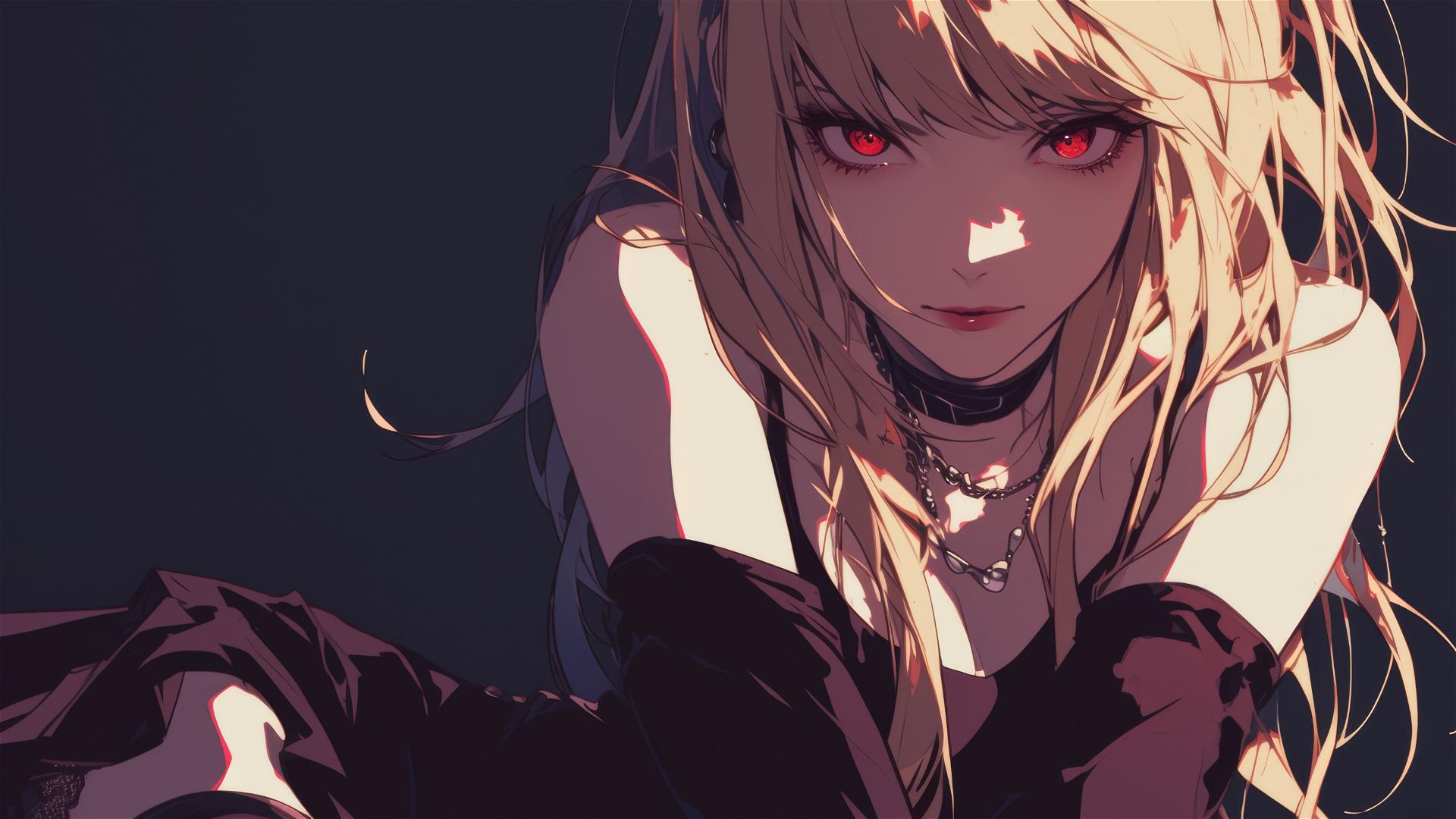 Misa Amane from Death Note with red eyes in a dynamic pose on a dark background