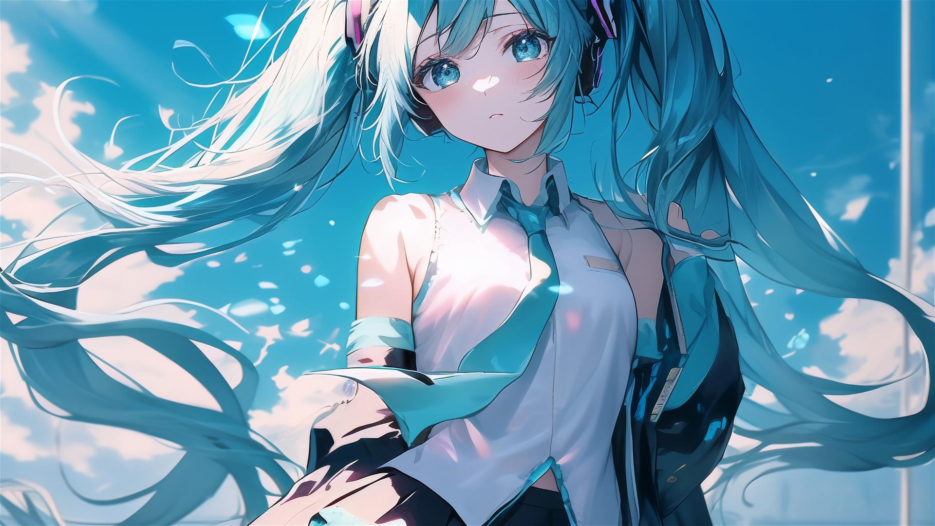 Hatsune Miku from Vocaloid with blue background under spotlight