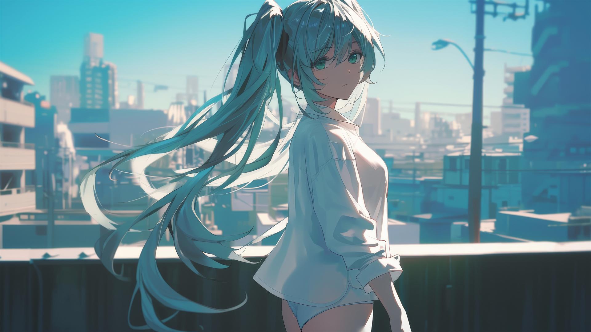 Hatsune Miku from Vocaloid in white shirt, relaxed, with a blurred urban background under sunlight