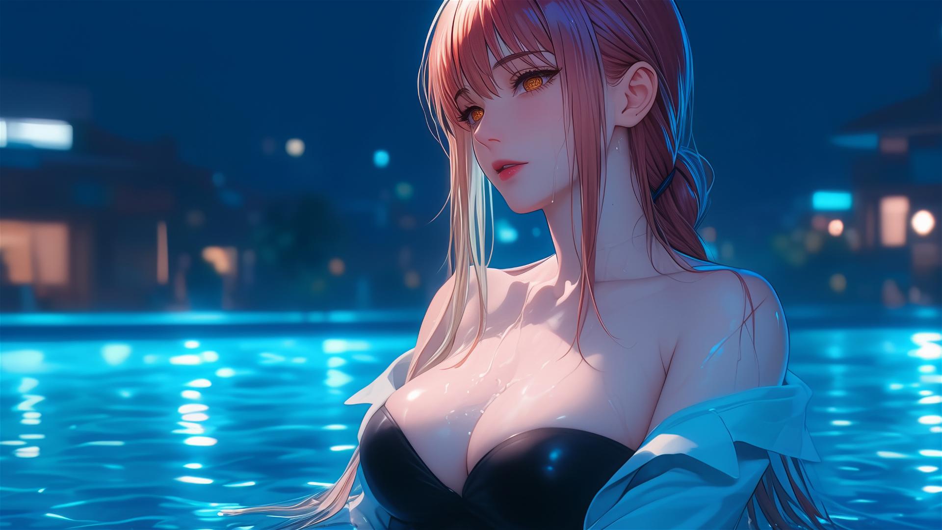 Makima from Chainsaw Man sitting in tub under moonlight with blonde and reddish hair