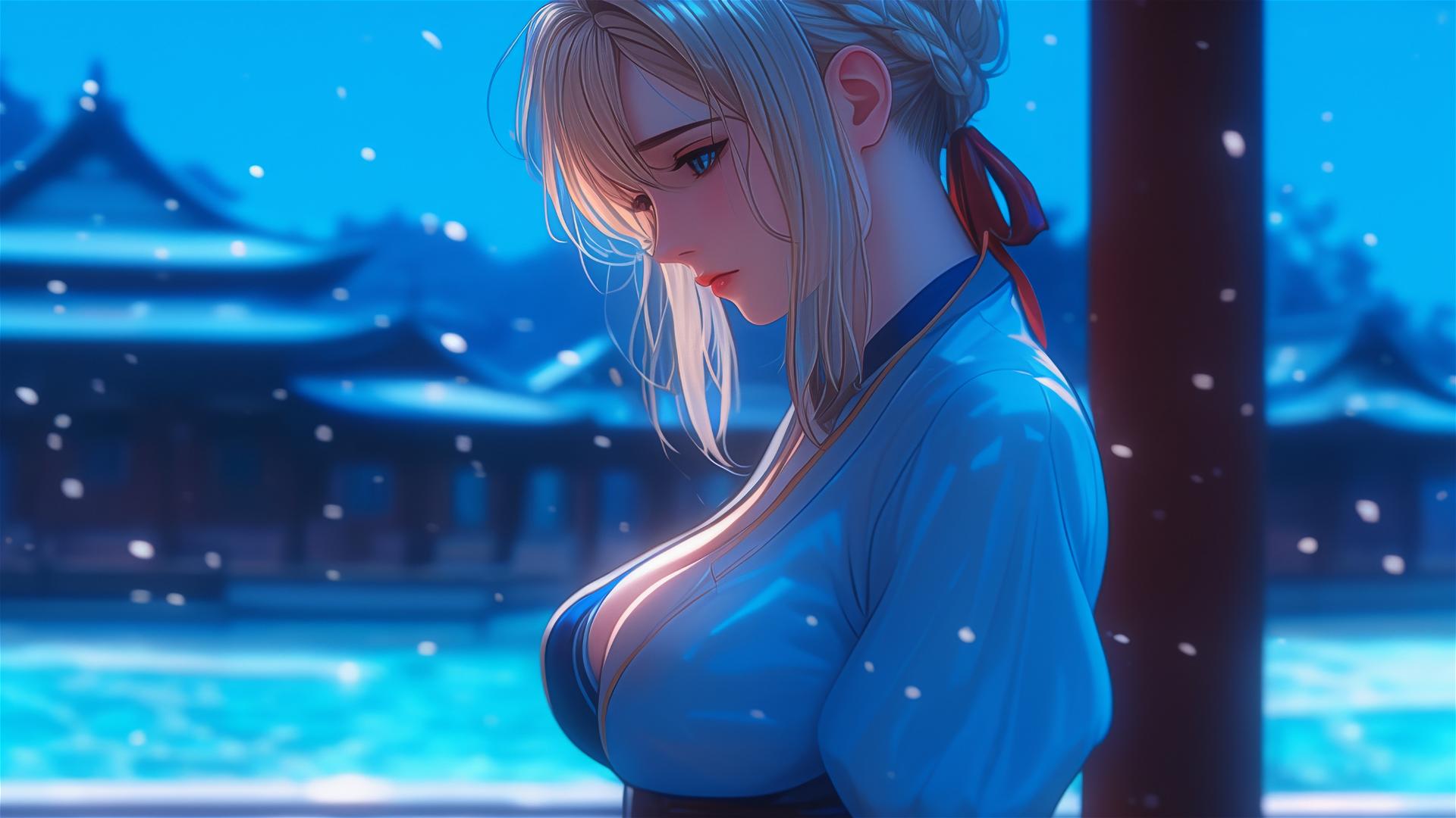 Violet Evergarden standing leisurely at her house under moonlight