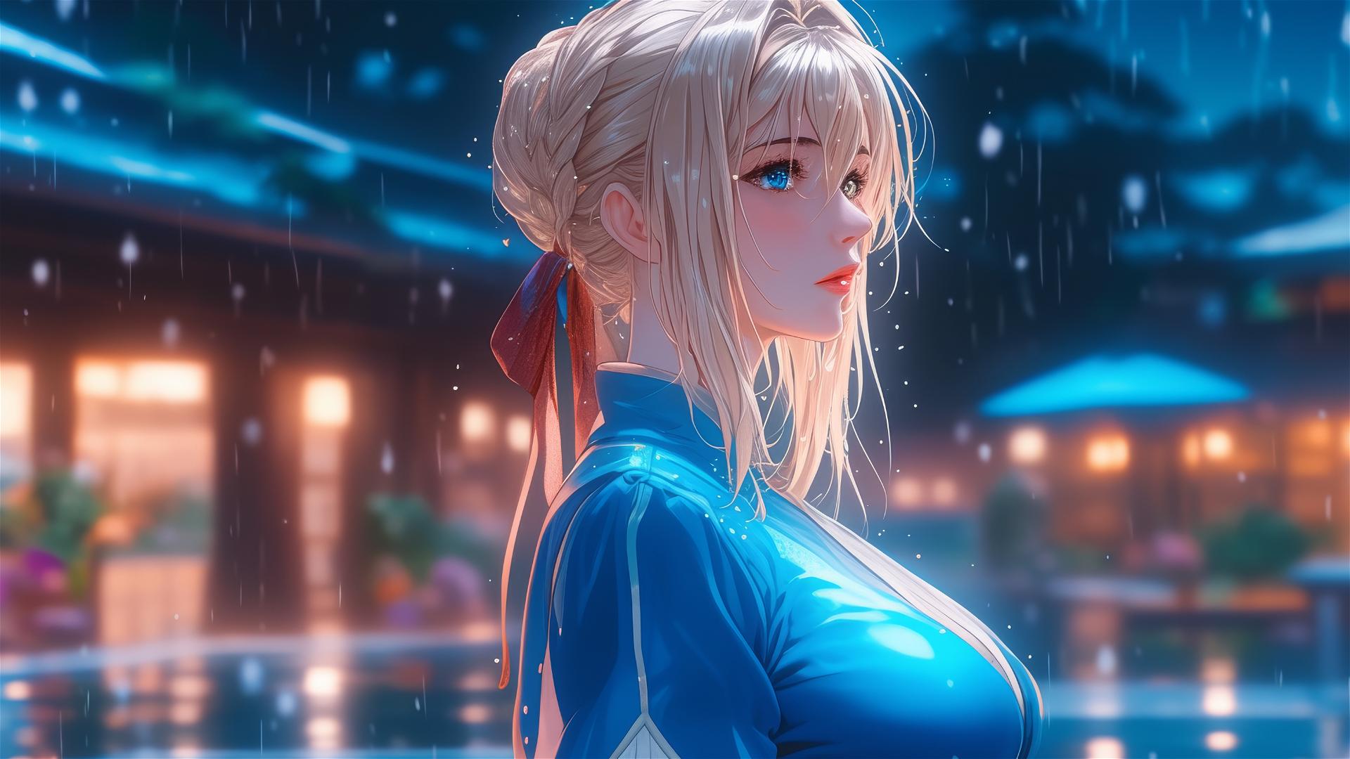 Violet Evergarden standing leisurely in moonlight at home