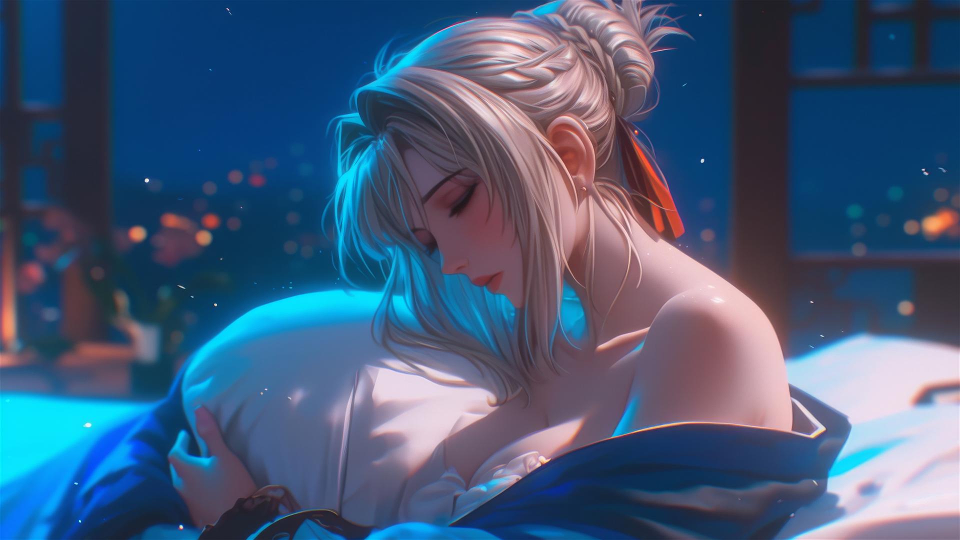 Violet Evergarden resting in an apartment under the soft moonlight