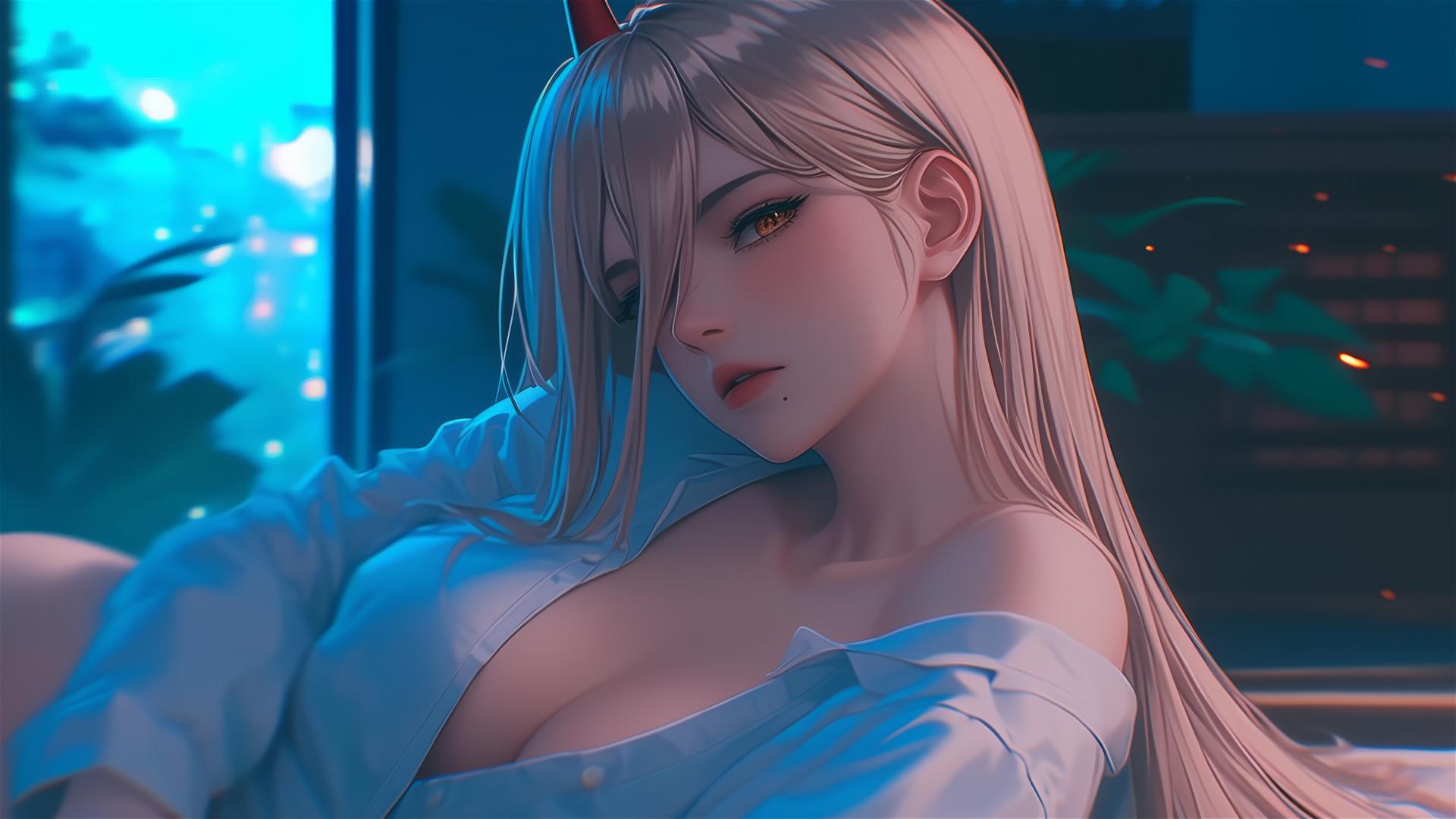 Power from Chainsaw Man resting in apartment, thigh focus, blond hair, light red horns, yellow eyes
