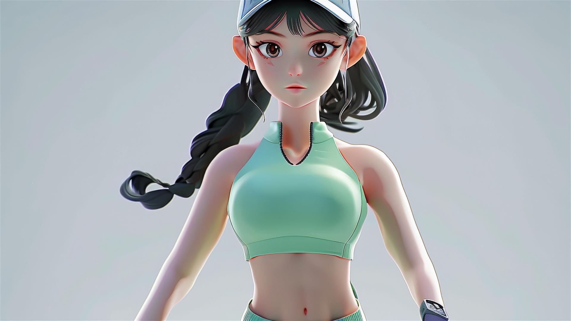 Close-up 3D anime girl in sportswear with big eyes and braid inspired by Li Rongjin on a white background