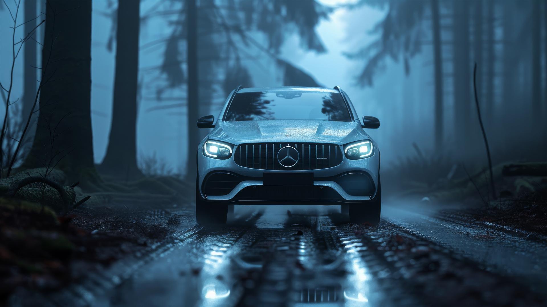 Mercedes-Benz GLC in dim gothic setting with fog