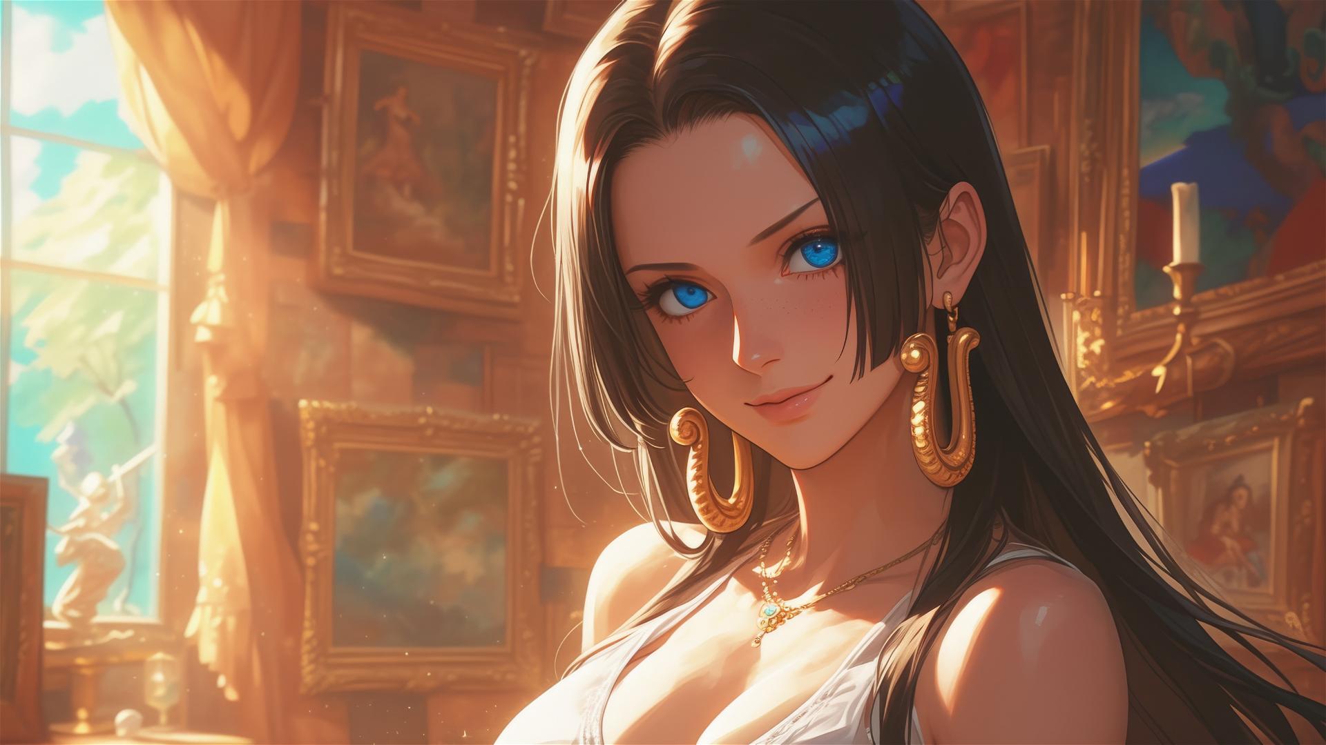 Boa Hancock from One Piece in an art gallery under soft lights