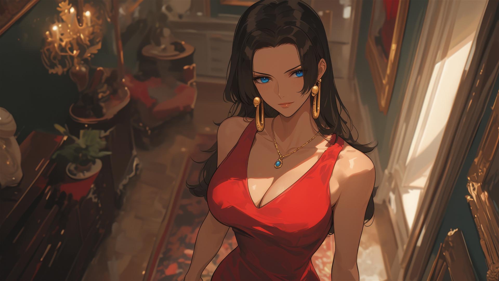 Boa Hancock from One Piece walking in an art gallery under soft lights