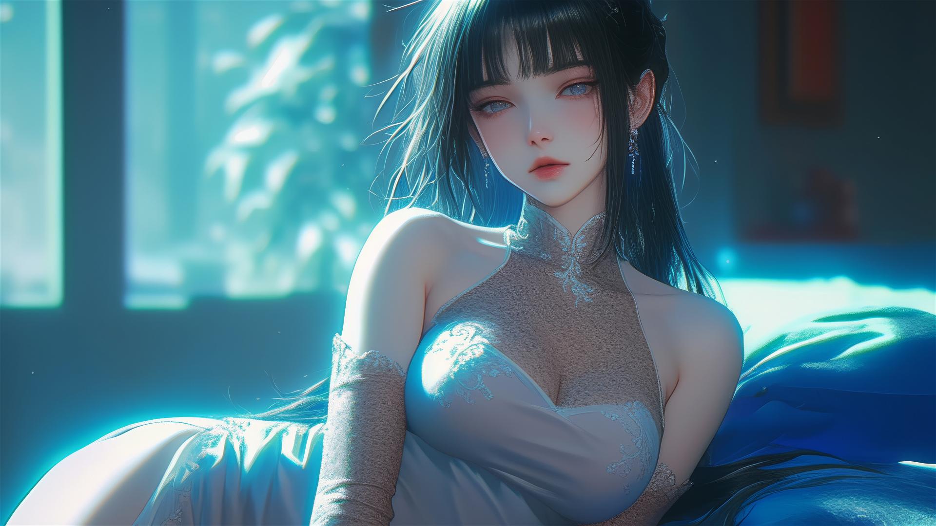 Hinata Hyuga resting at home under moonlight, short hair, in white dress