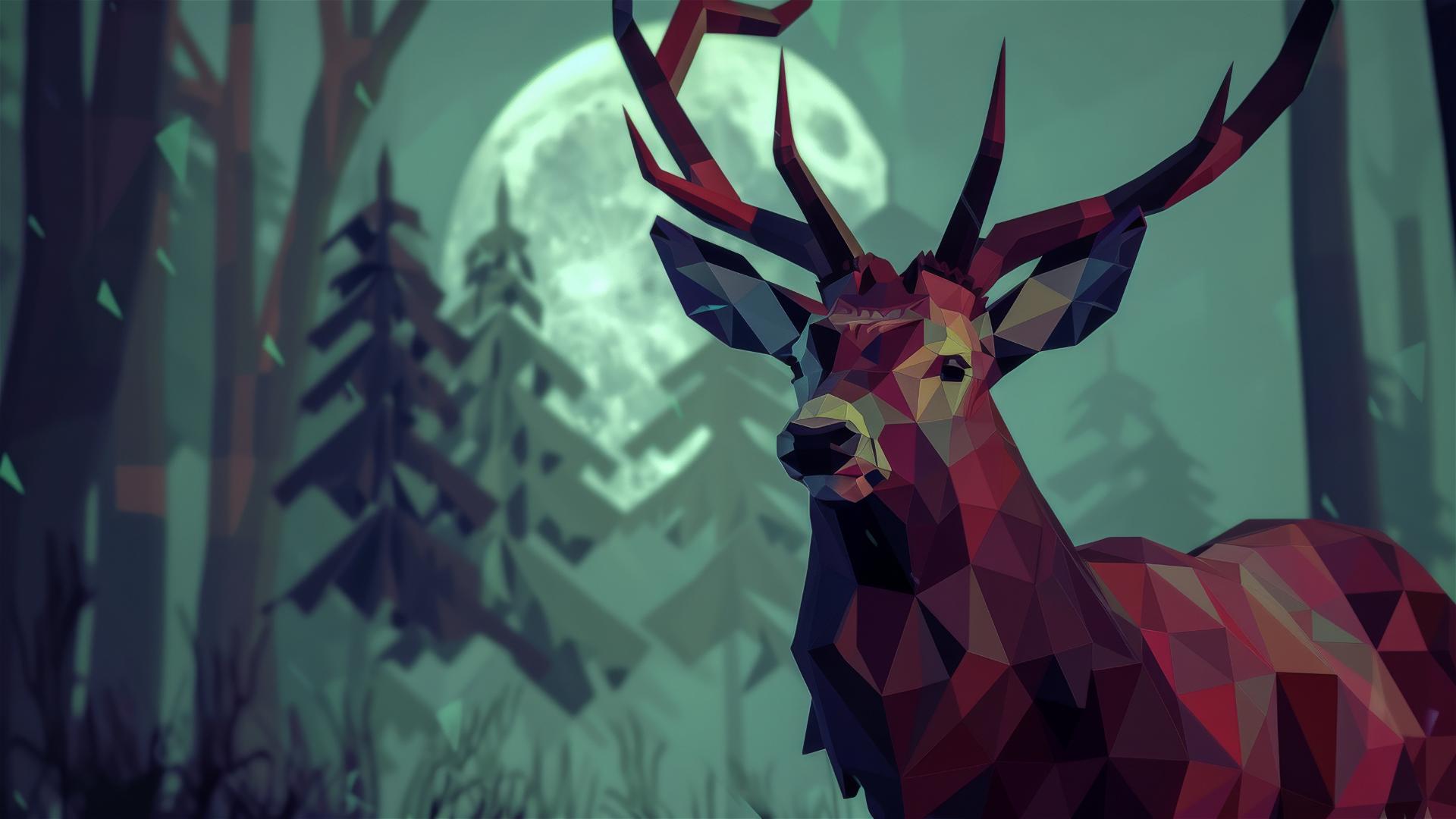 Cubist stag head with full horns in moonlit glade on white ground