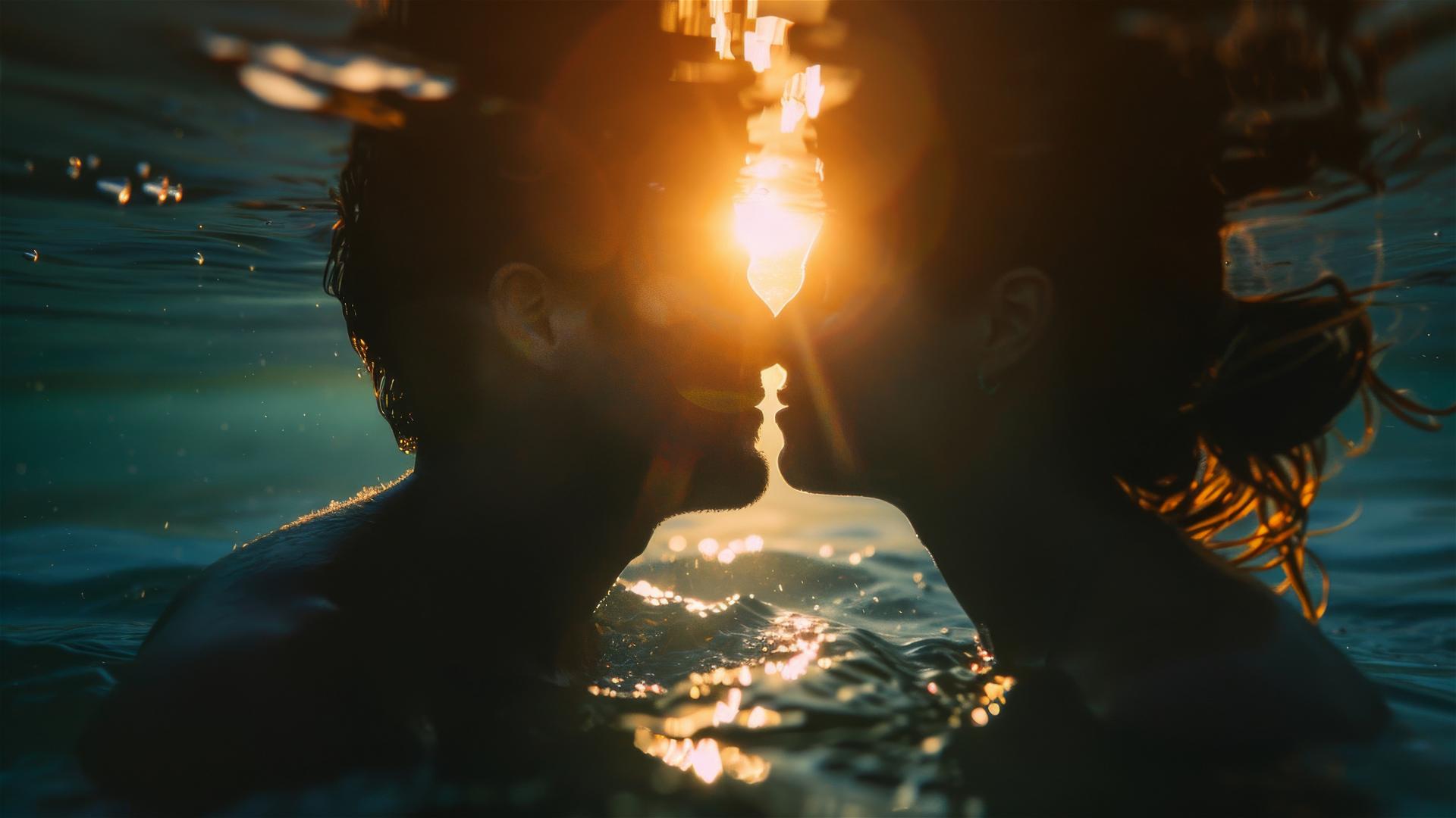 Young couple kissing in the sea bed under a sunset, Leica old 50mm lens