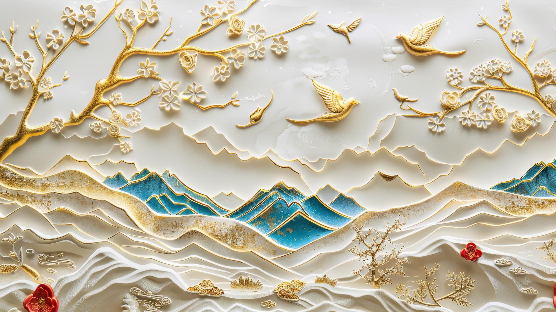 3D Asian painting of golden mountains and birds hanging on trees