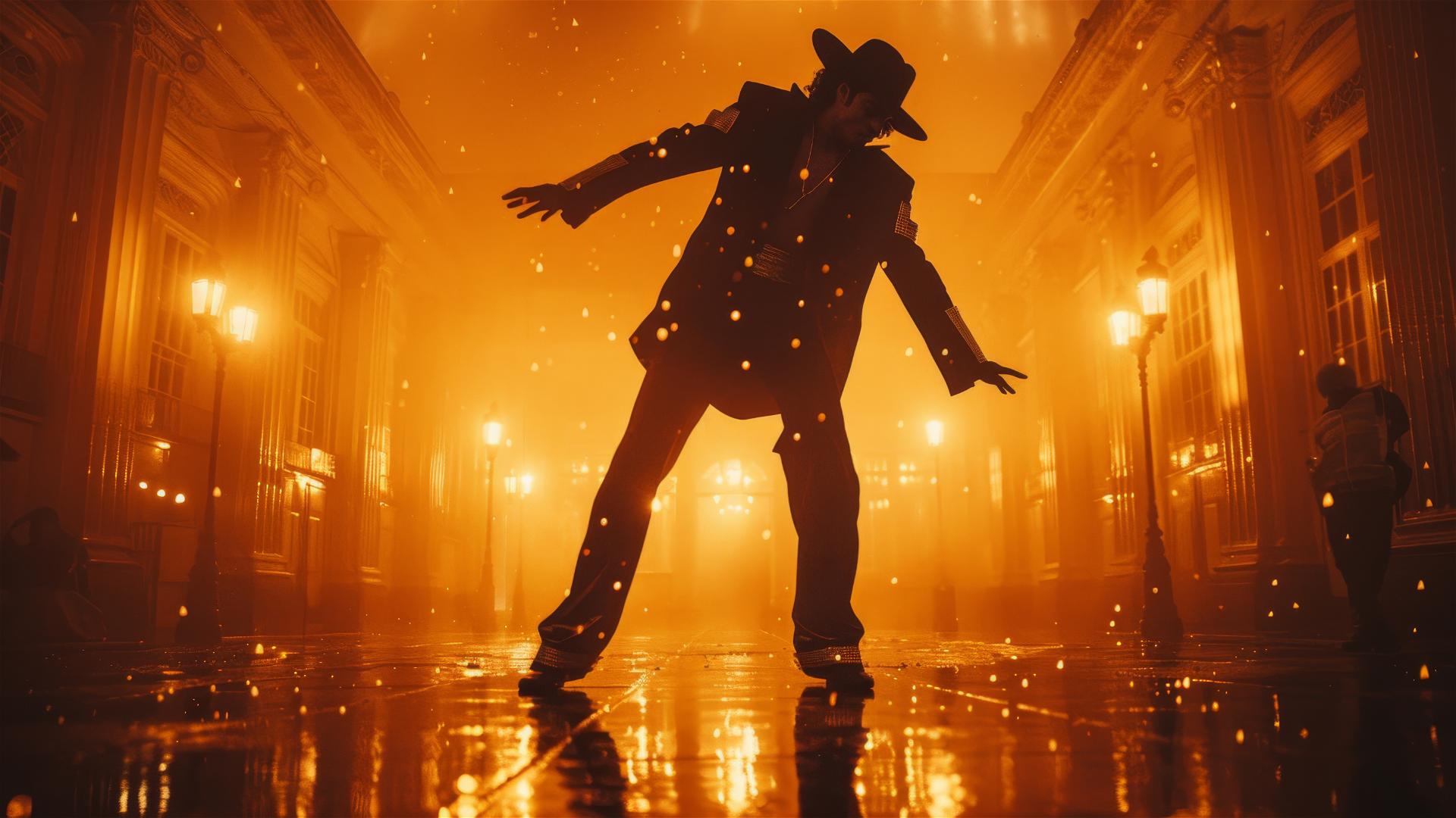 Michael Jackson in BAD costume dancing, facing the camera