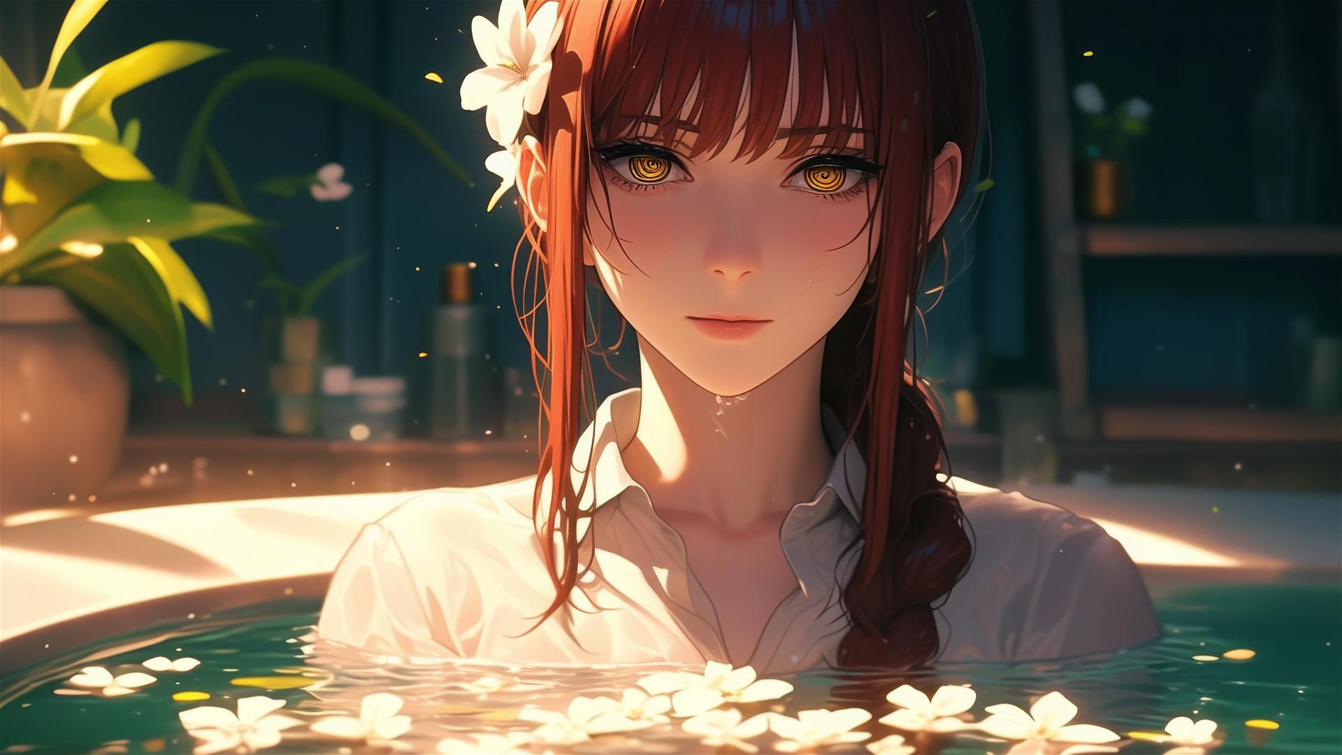 Makima from Chainsaw Man inside tub full of flowers in Chinese spa