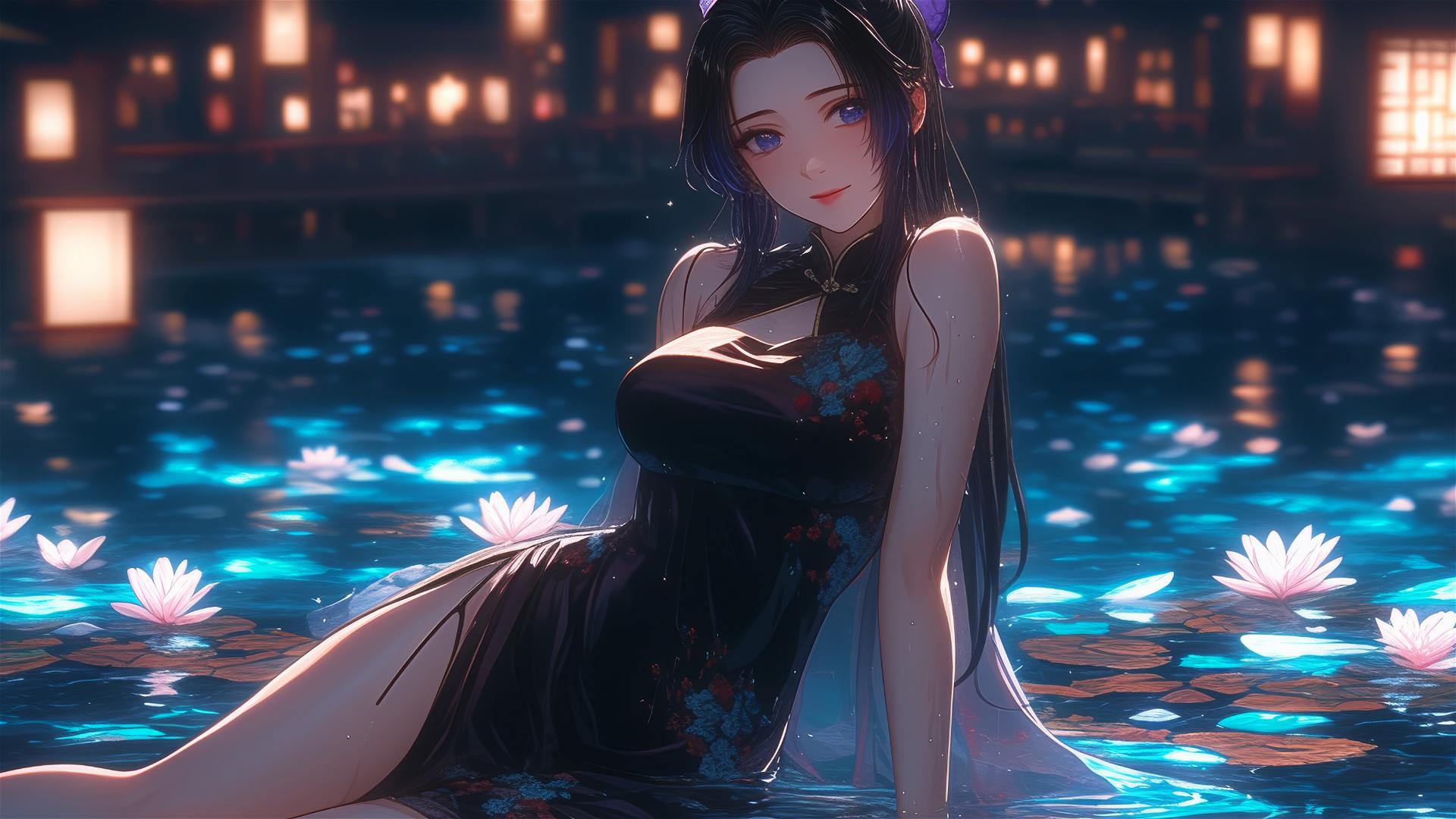 Shinobu Kocho in cheongsam in flower-filled tub