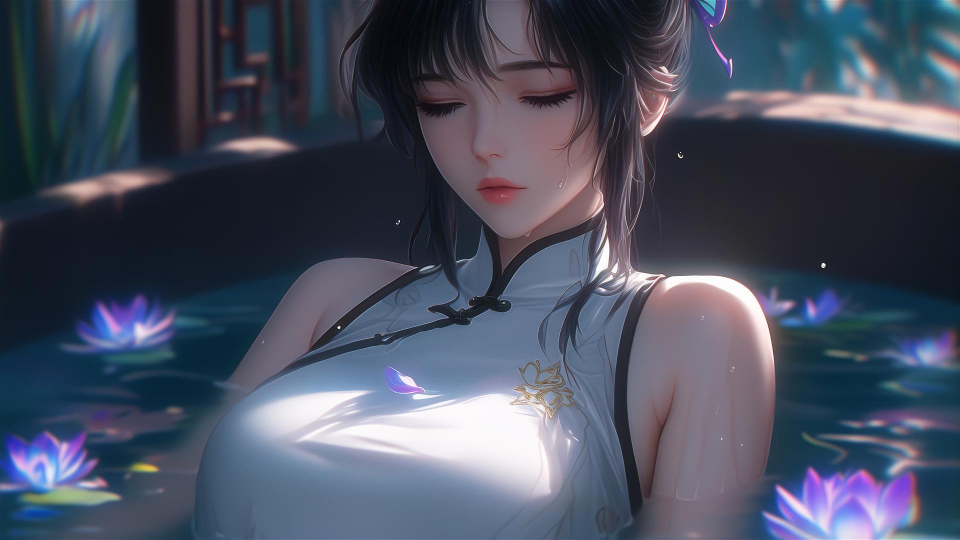 Shinobu Kocho from Demon Slayer in a cheongsam inside a tub full of flowers at a Chinese spa