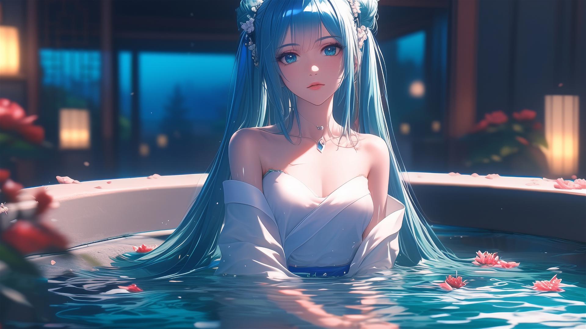 Hatsune Miku in a tub full of flowers at a Chinese spa