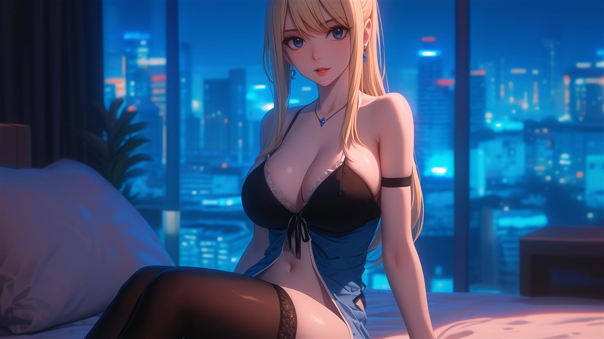 Lucy Heartfilia rests in a modern hotel room with moonlight casting a soft glow.