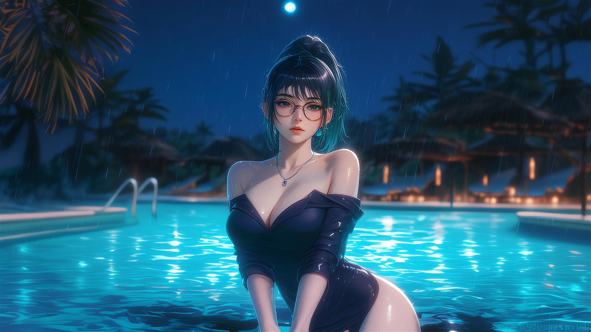 Maki Zenin resting by the pool under moonlight, wearing glasses, in the rain.