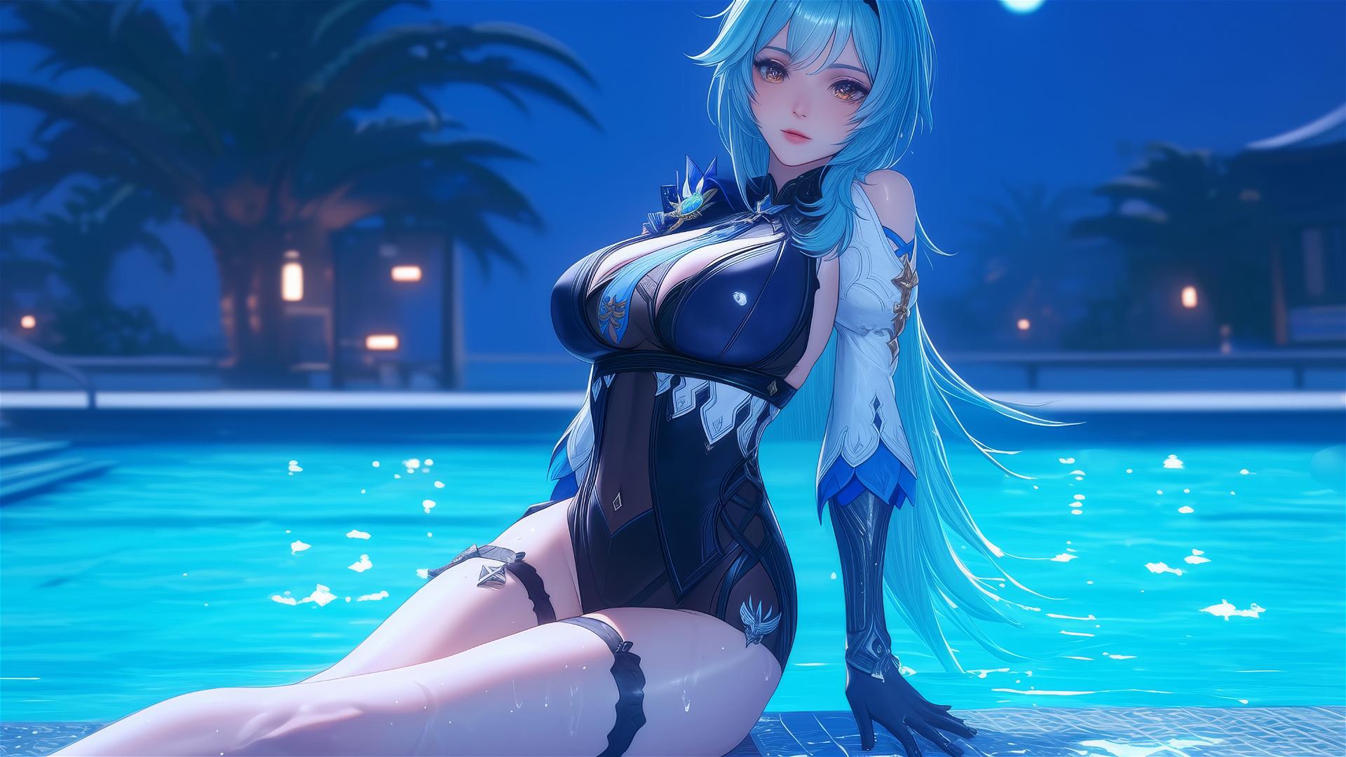 Eula Lawrence from Genshin Impact resting at a pool under moonlight, light blue hair