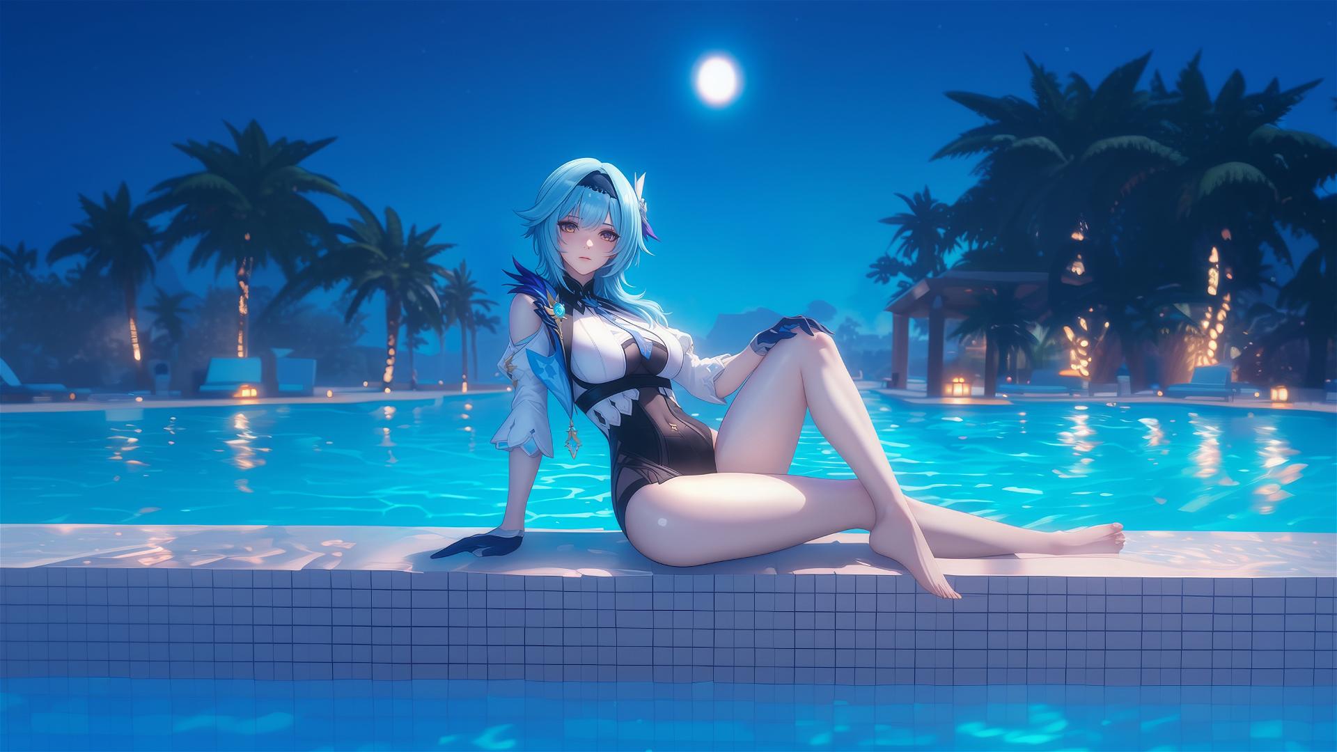 Eula Lawrence from Genshin Impact resting by the pool under moonlight