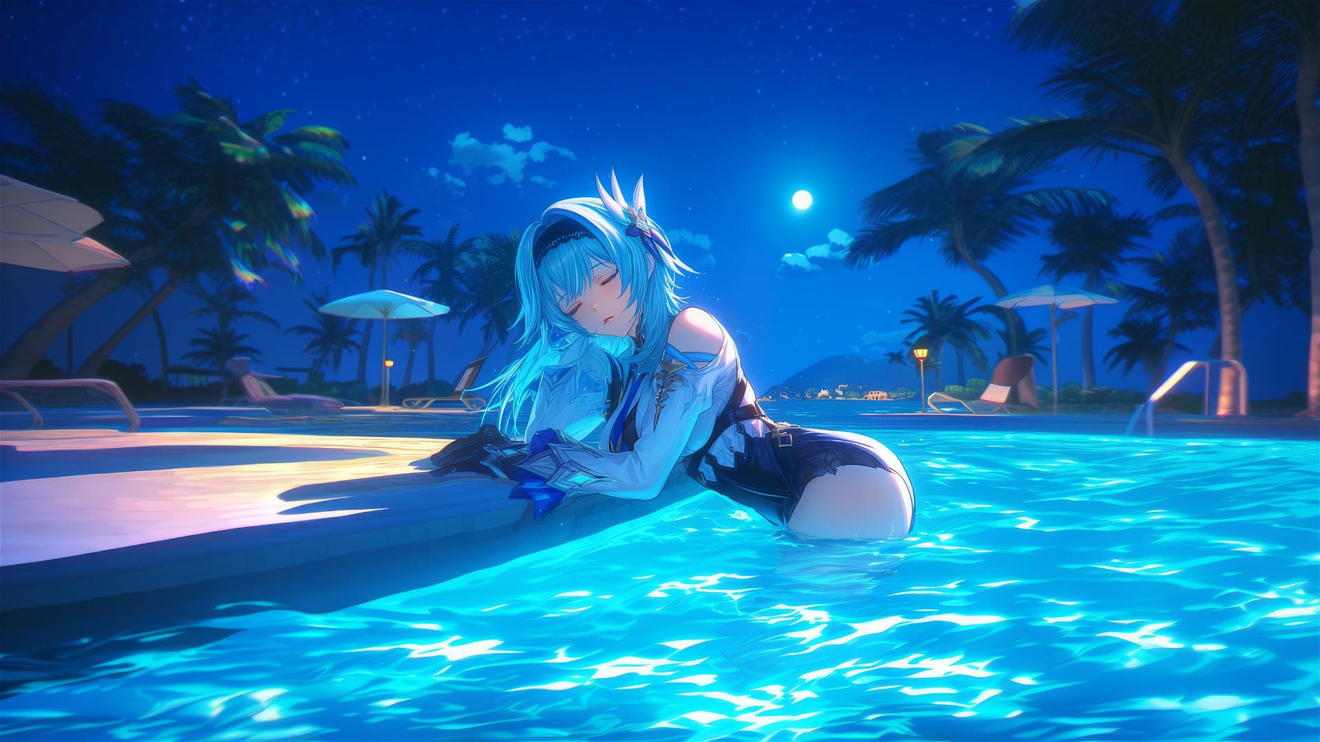 Eula Lawrence from Genshin Impact resting by a swimming pool under moonlight