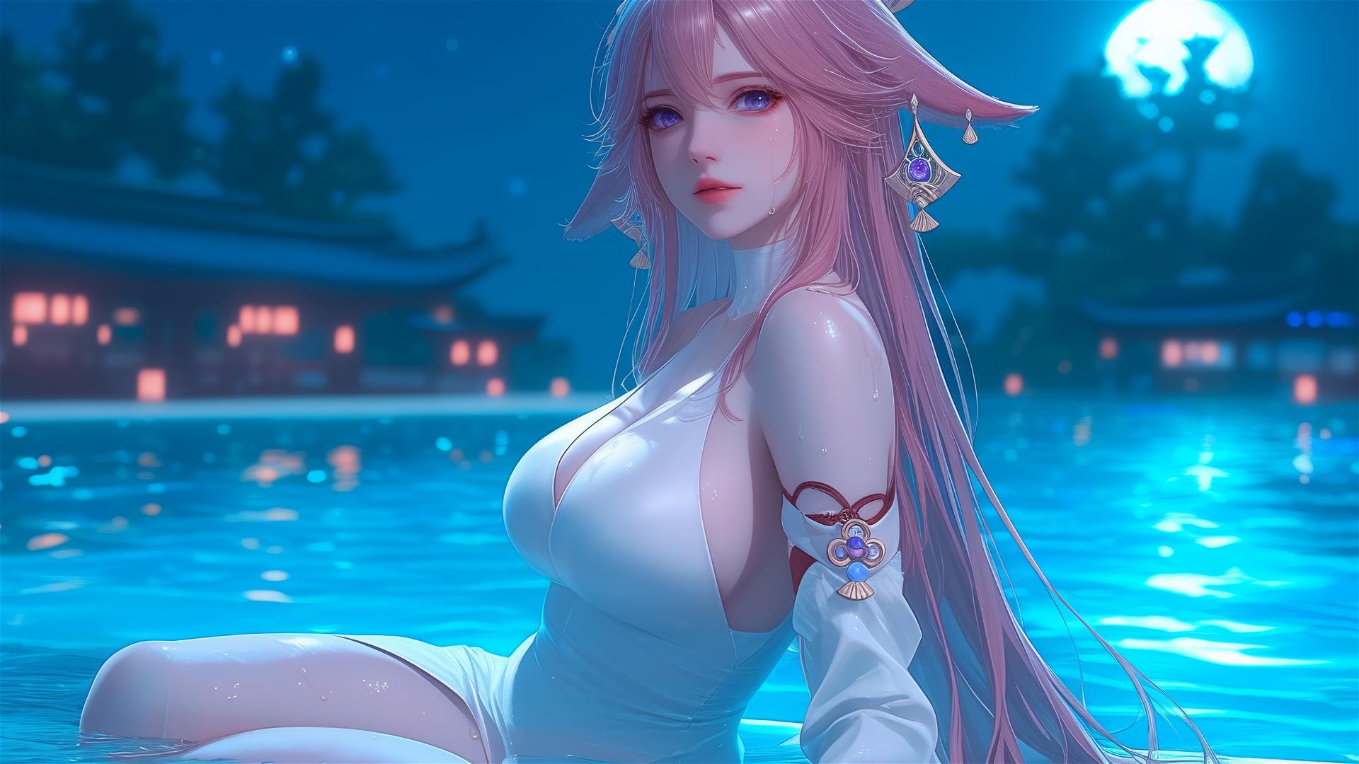 Yae Miko from Genshin Impact rests by a moonlit swimming pool
